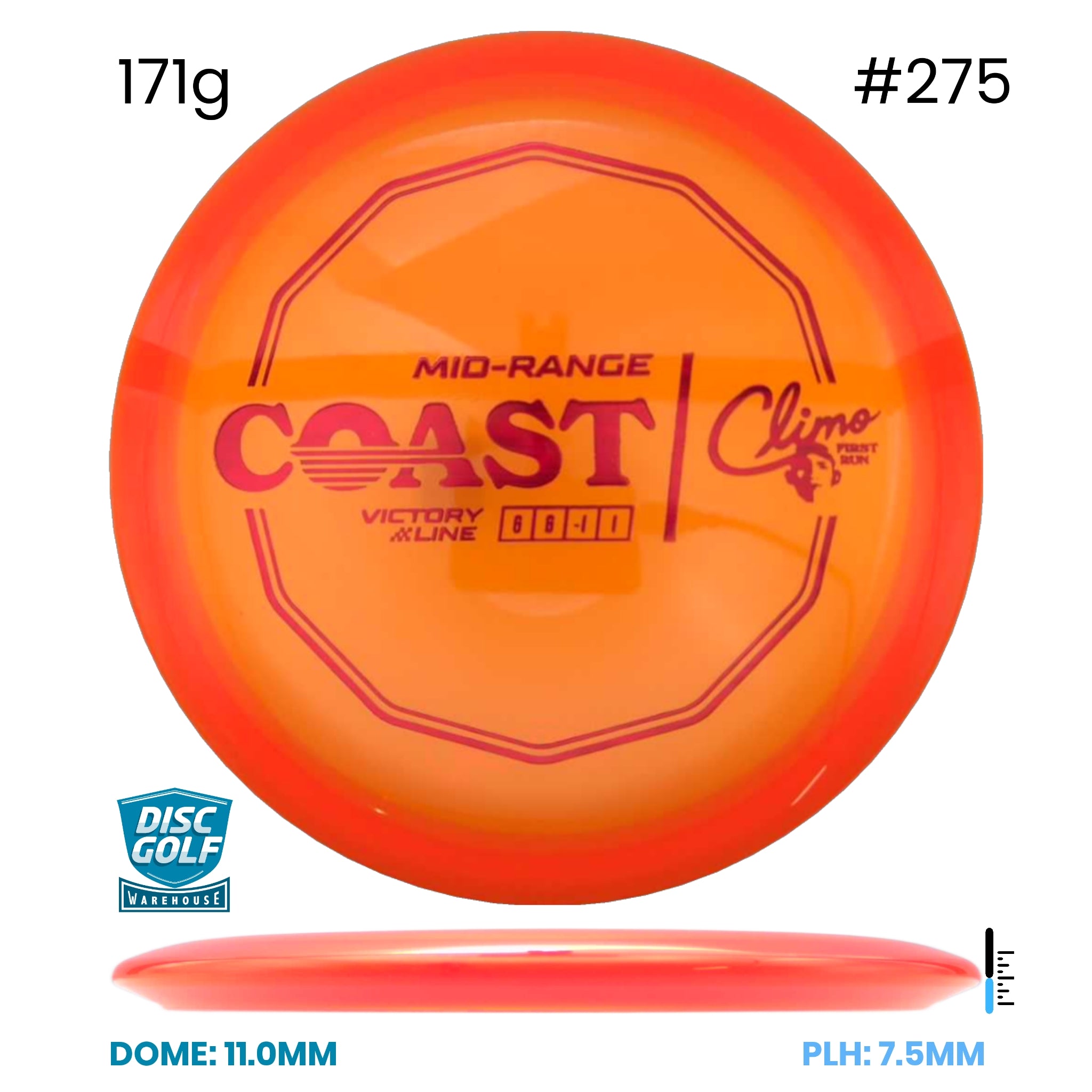 Disc Golf Warehouse Climo Discs Coast - Victory Line Plastic - First Run Orange/Red Metallic 171g