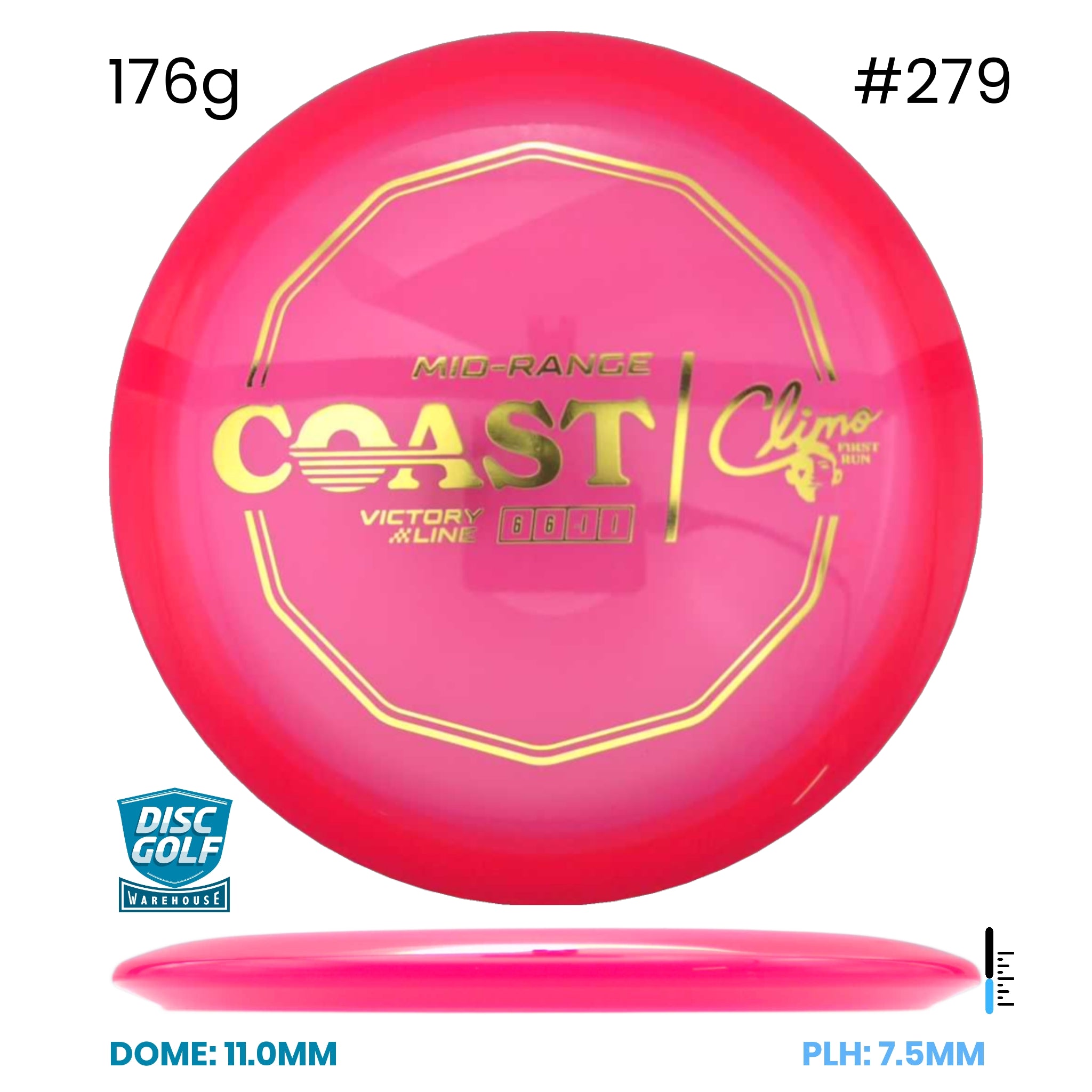 Disc Golf Warehouse Climo Discs Coast - Victory Line Plastic - First Run Pink/Gold 176g
