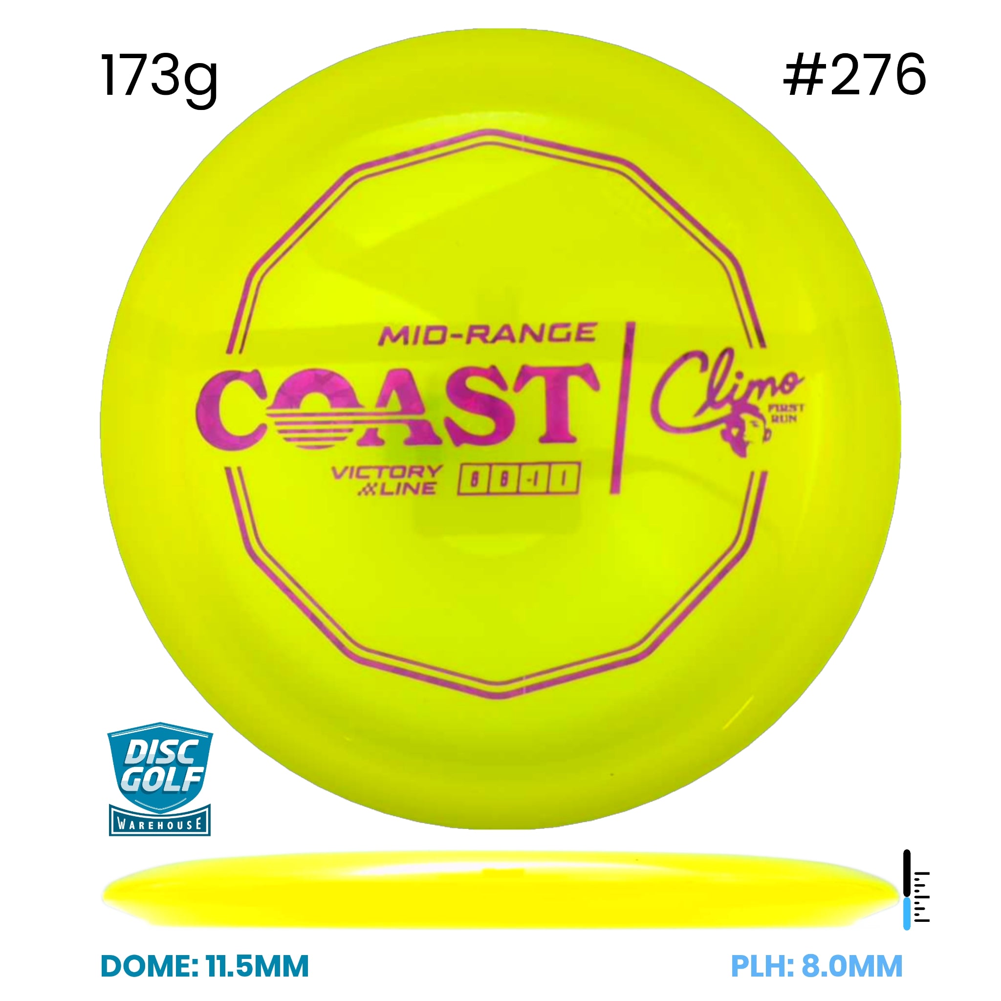 Disc Golf Warehouse Climo Discs Coast - Victory Line Plastic - First Run Yellow/Purple Metallic 173g