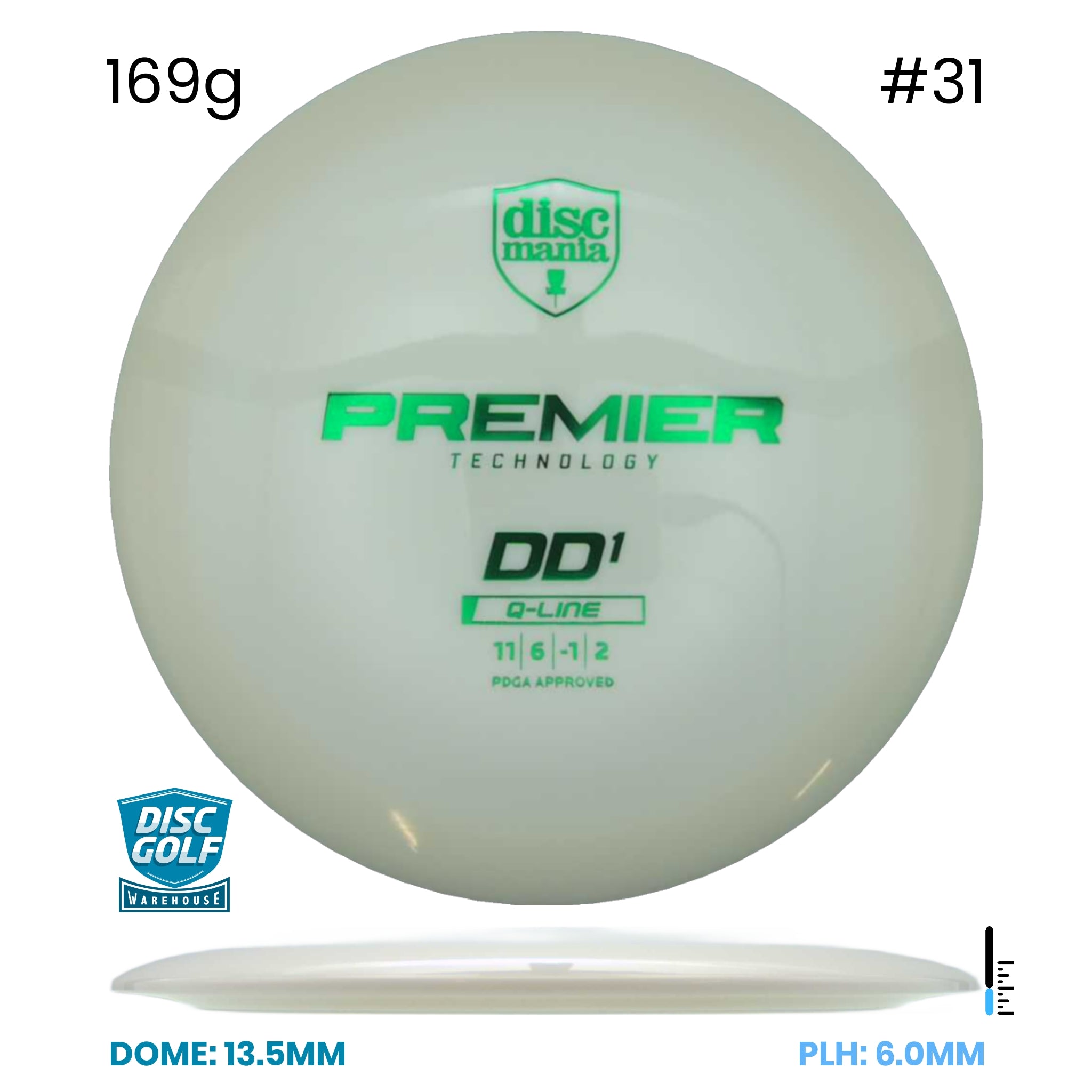 Disc Golf Warehouse Discmania DD1 - Premier Q-Line Plastic White/Green Stamp/Green 169g