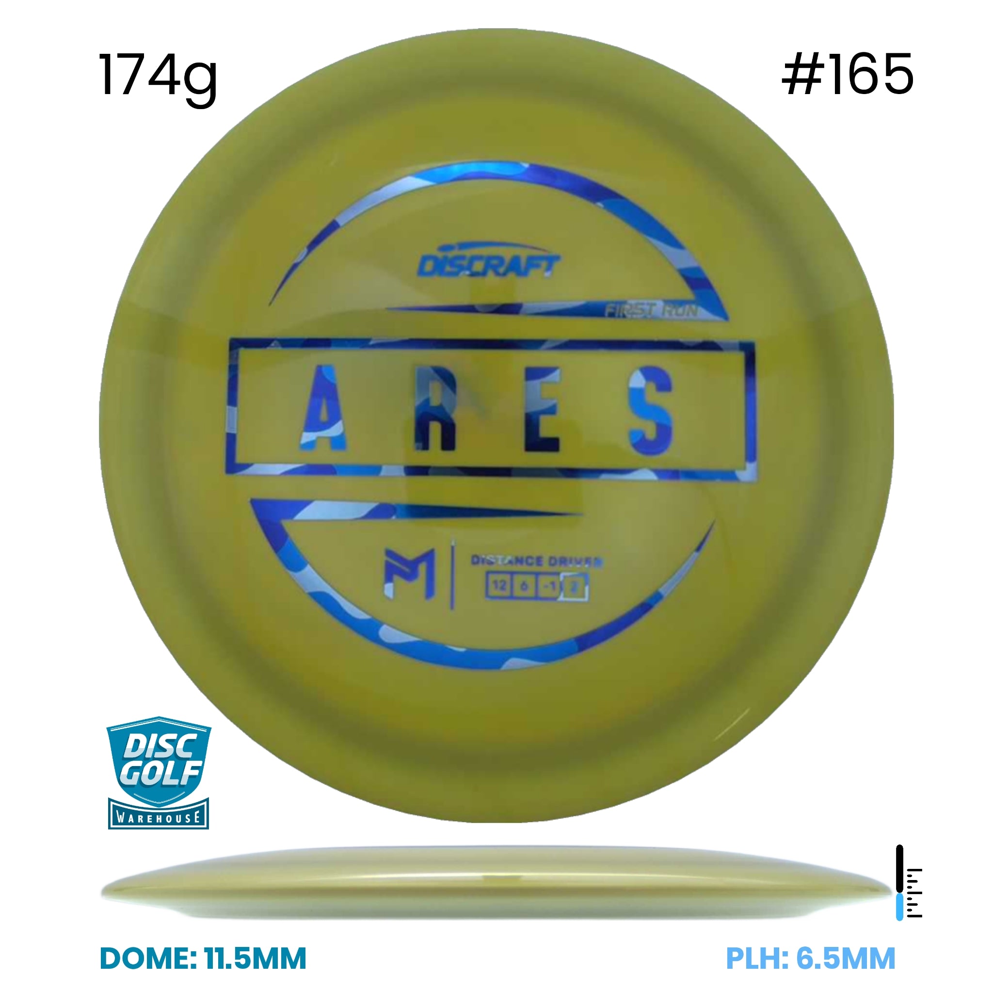 Disc Golf Warehouse Discraft Ares - Paul McBeth ESP Plastic - First Run Yellow/Blue Metallic 174g
