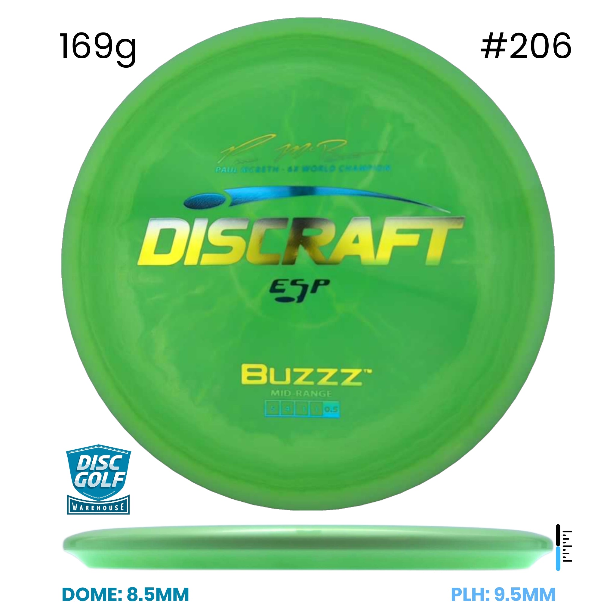 Disc Golf Warehouse Discraft Buzzz - ESP Plastic - Paul McBeth Signature Green/Holographic, Blue Metallic 169g