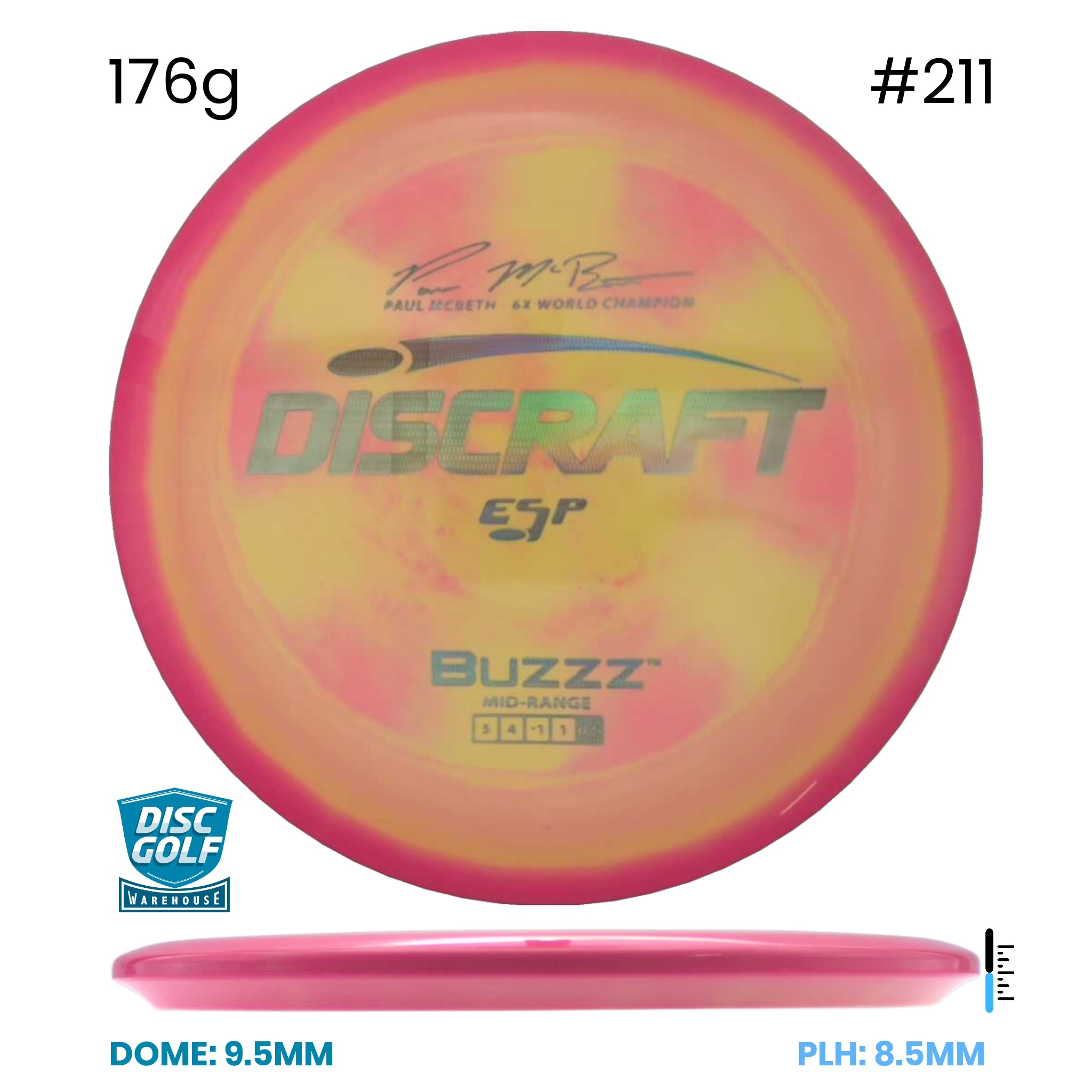 Disc Golf Warehouse Discraft Buzzz - ESP Plastic - Paul McBeth Signature Orange/Green Metallic, Black 176g