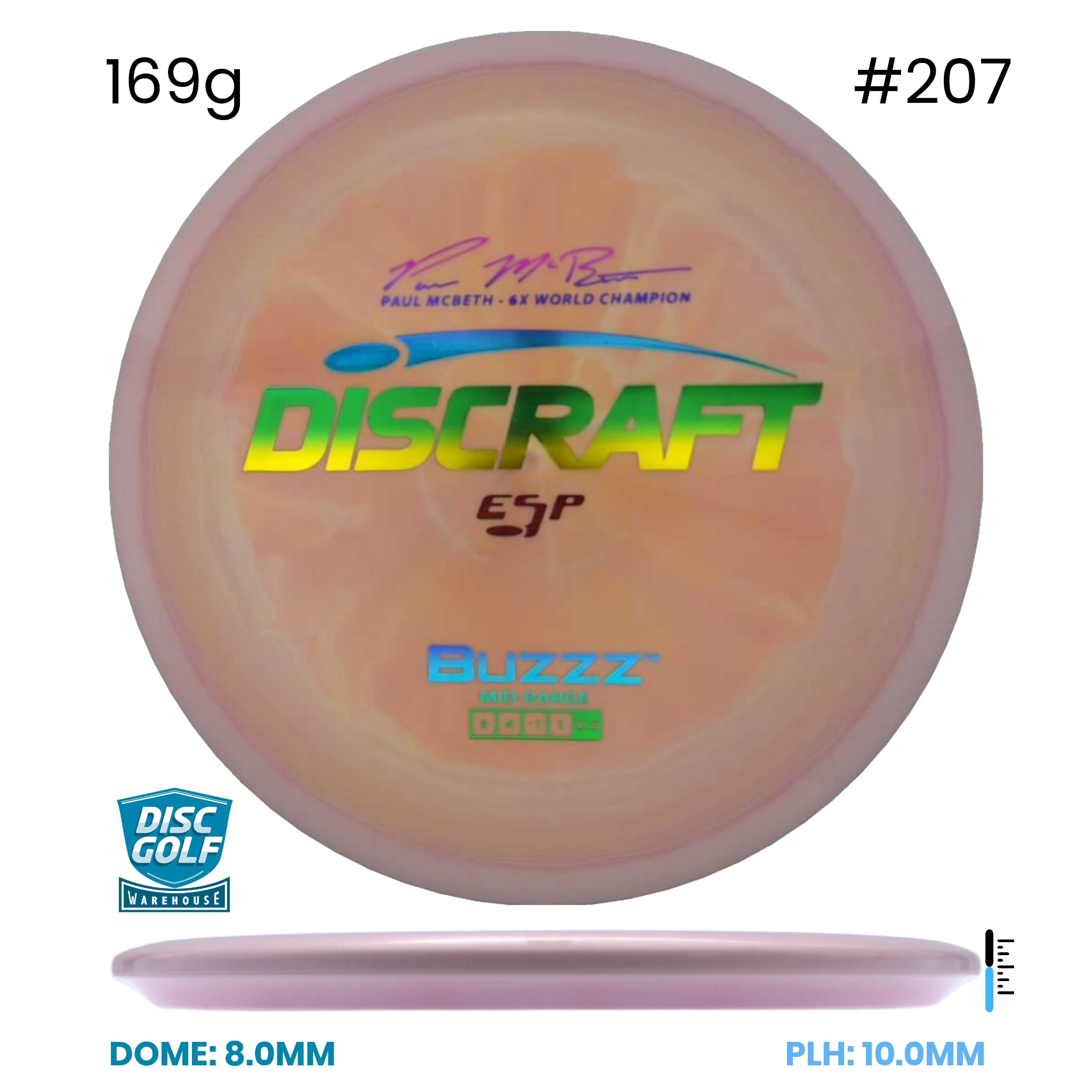 Disc Golf Warehouse Discraft Buzzz - ESP Plastic - Paul McBeth Signature Orange/Rainbow Holo 169g