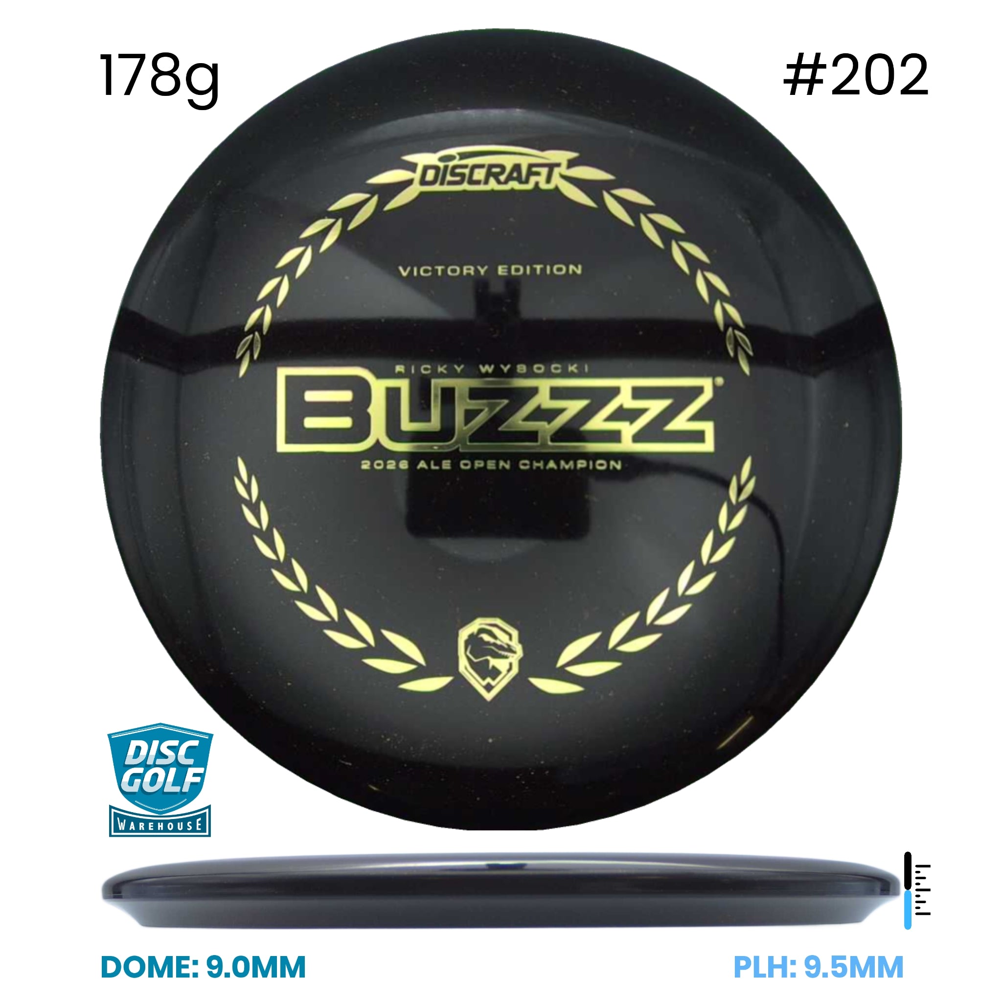 Disc Golf Warehouse Discraft Buzzz - Midnight Sparkle Plastic - Ricky Wysocki Ale Open Victory Edition Black/#202/Gold 178g