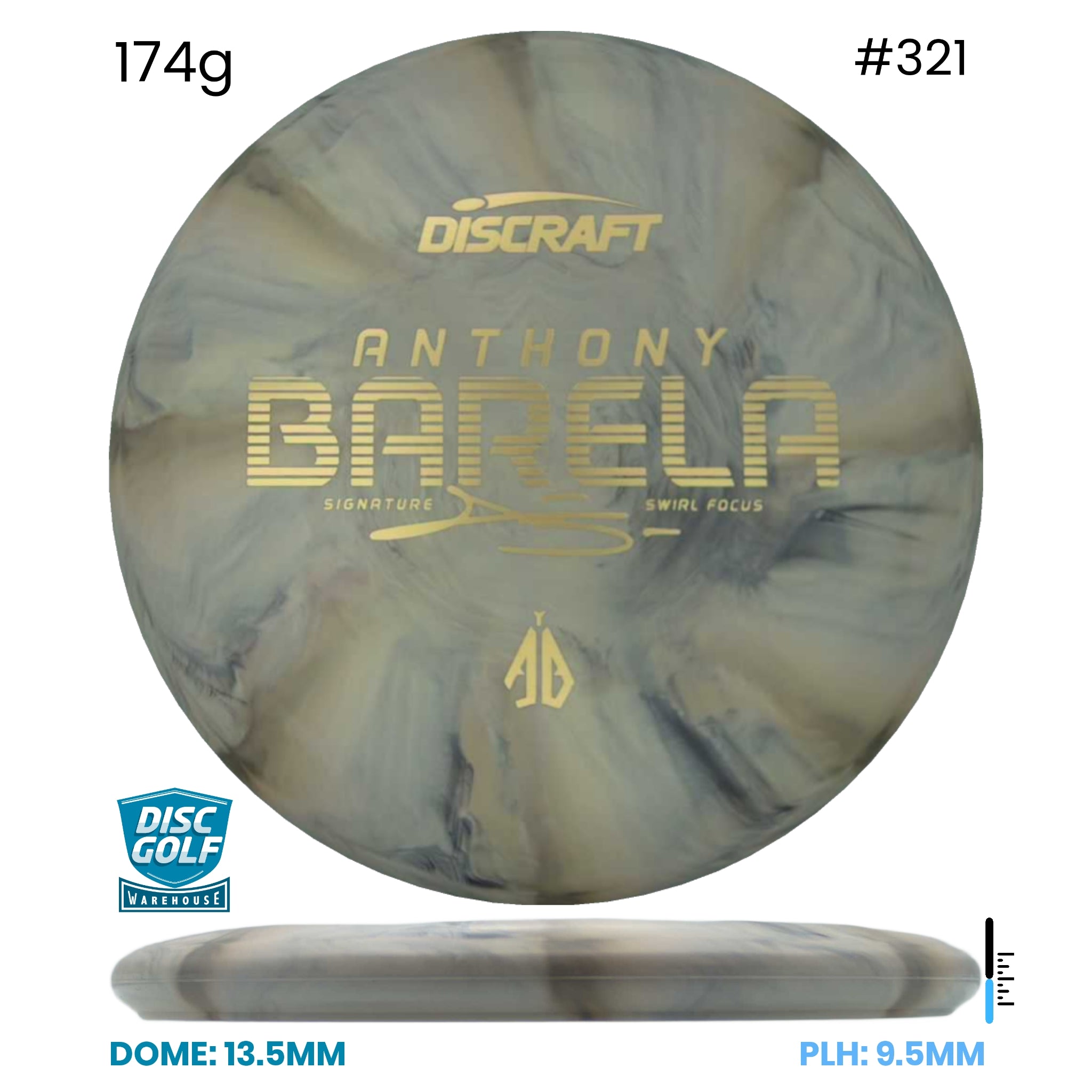 Disc Golf Warehouse Discraft Focus - CT Swirl Plastic - Anthony Barela Signature Gray/#321/Gold 174g