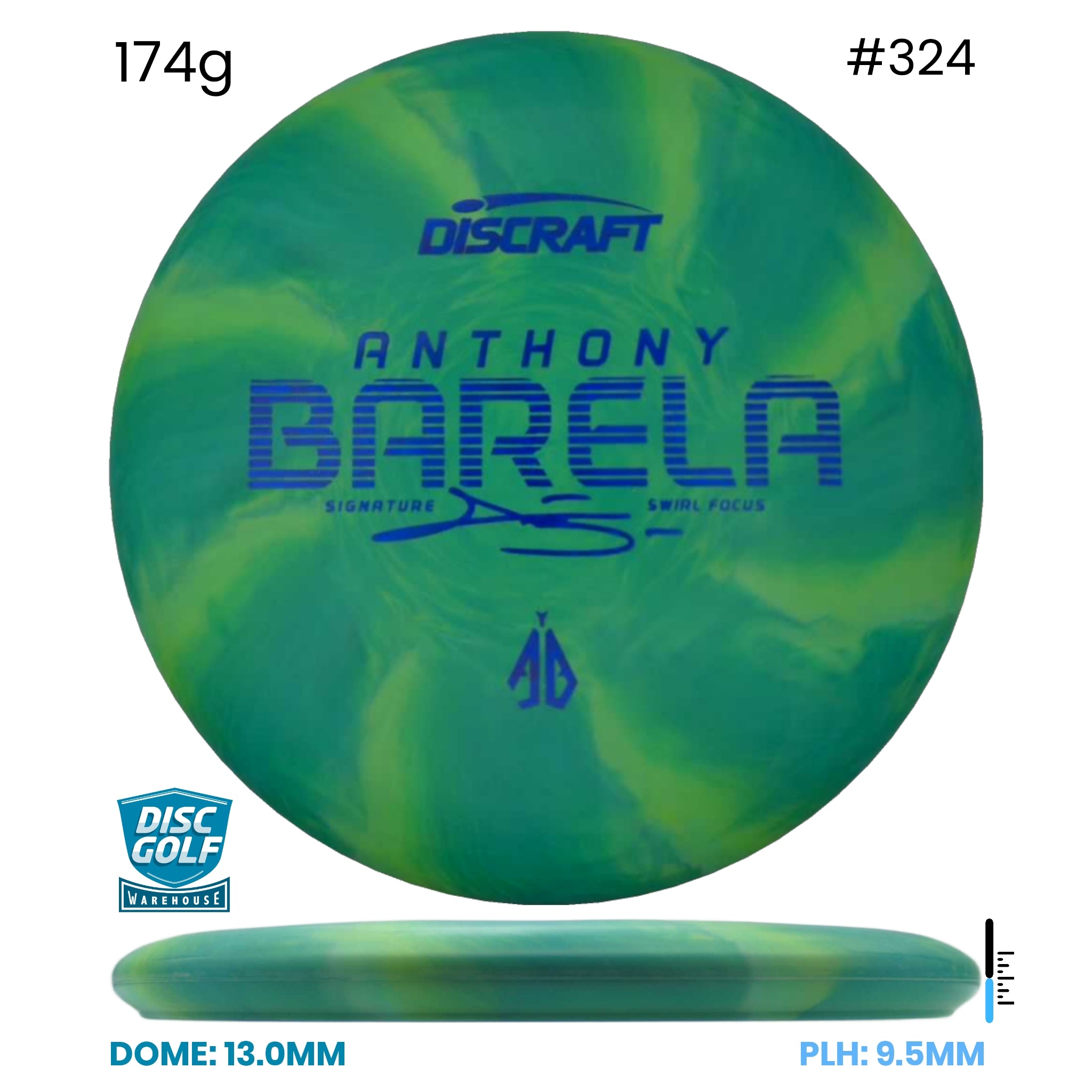 Disc Golf Warehouse Discraft Focus - CT Swirl Plastic - Anthony Barela Signature Green/#324/Blue Metallic 174g