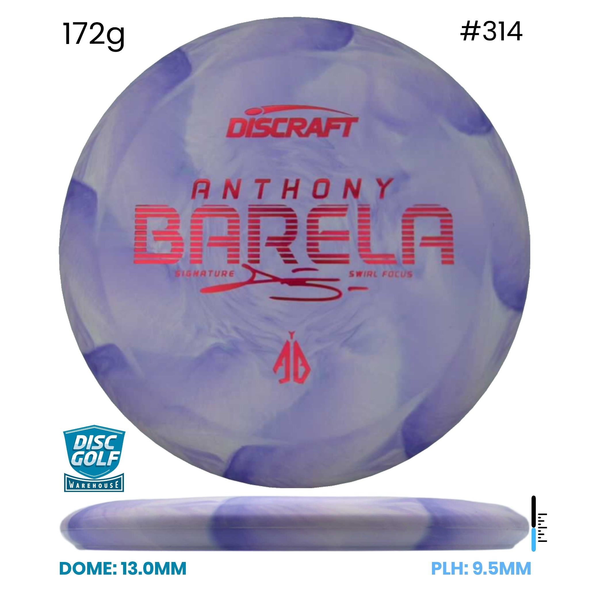 Disc Golf Warehouse Discraft Focus - CT Swirl Plastic - Anthony Barela Signature Purple/#314/Red Metallic 172g