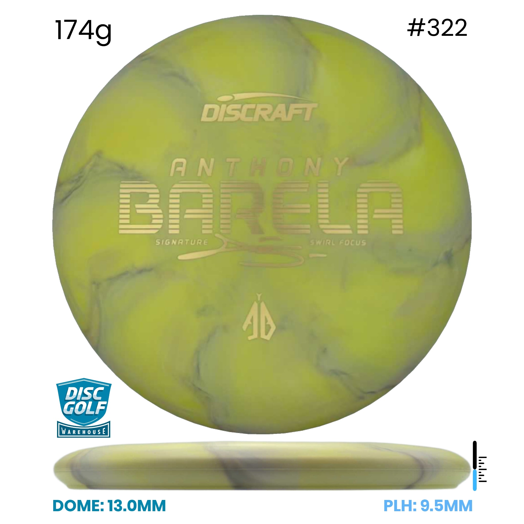 Disc Golf Warehouse Discraft Focus - CT Swirl Plastic - Anthony Barela Signature Yellow/#322/Gold 174g