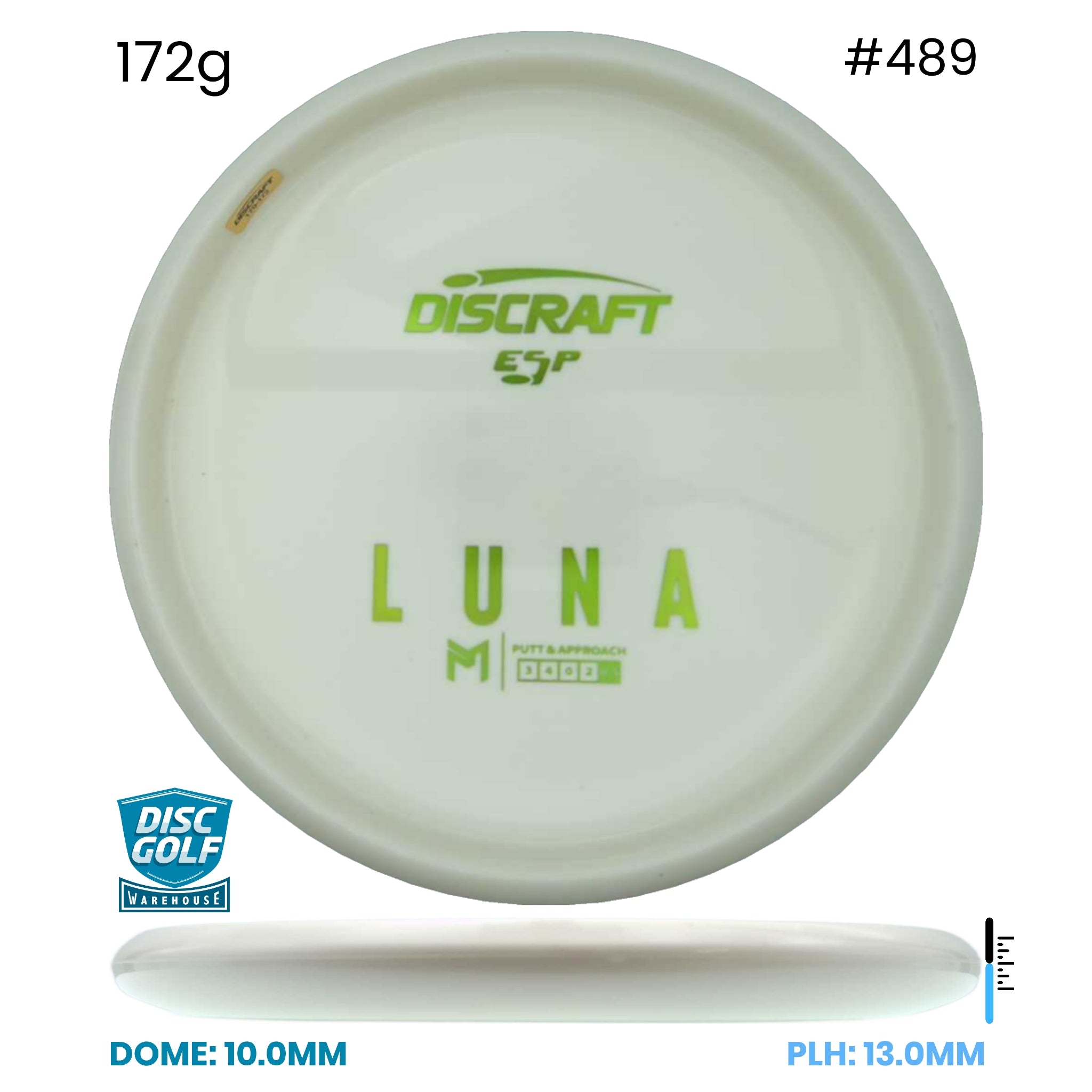 Disc Golf Warehouse Discraft Luna - ESP Blank White Bottom Stamp White/Green Metallic 172g
