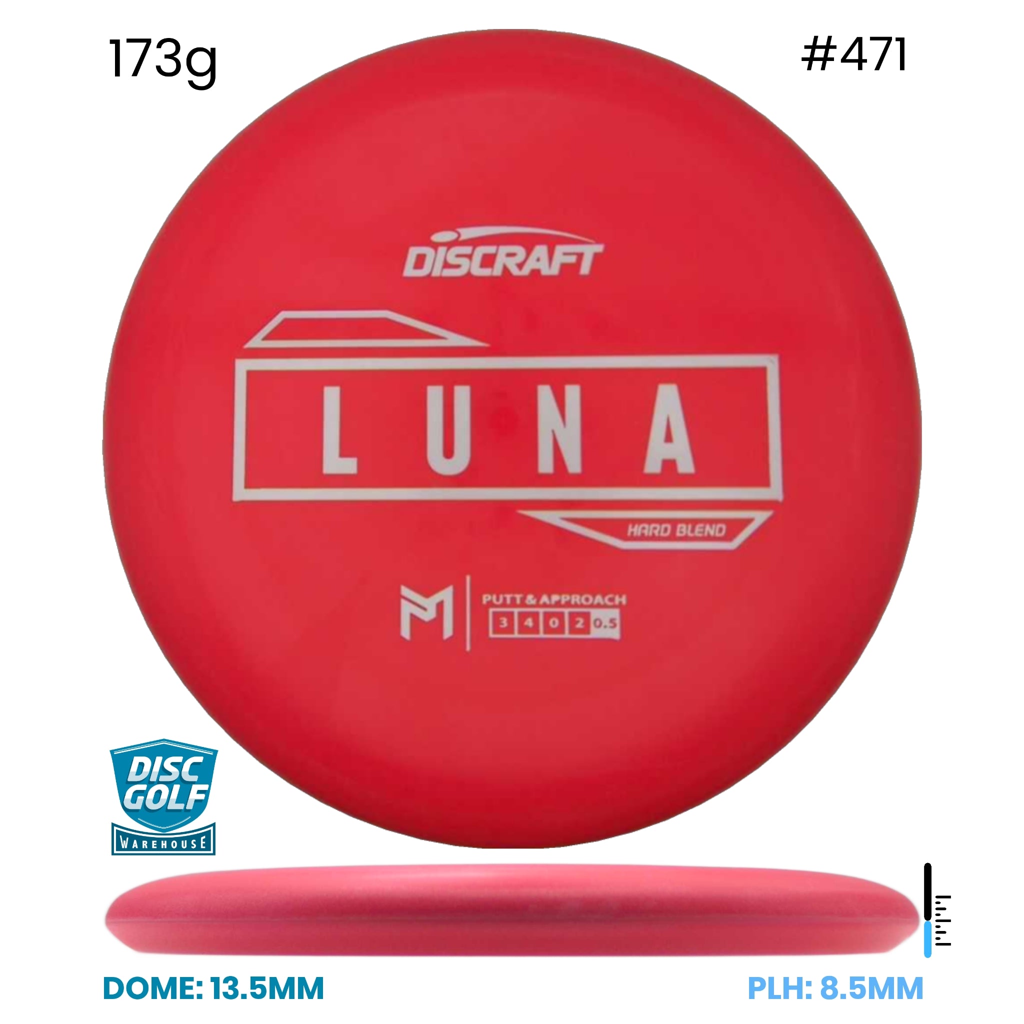 Disc Golf Warehouse Discraft Luna - Putter Line Hard Red/White 173g