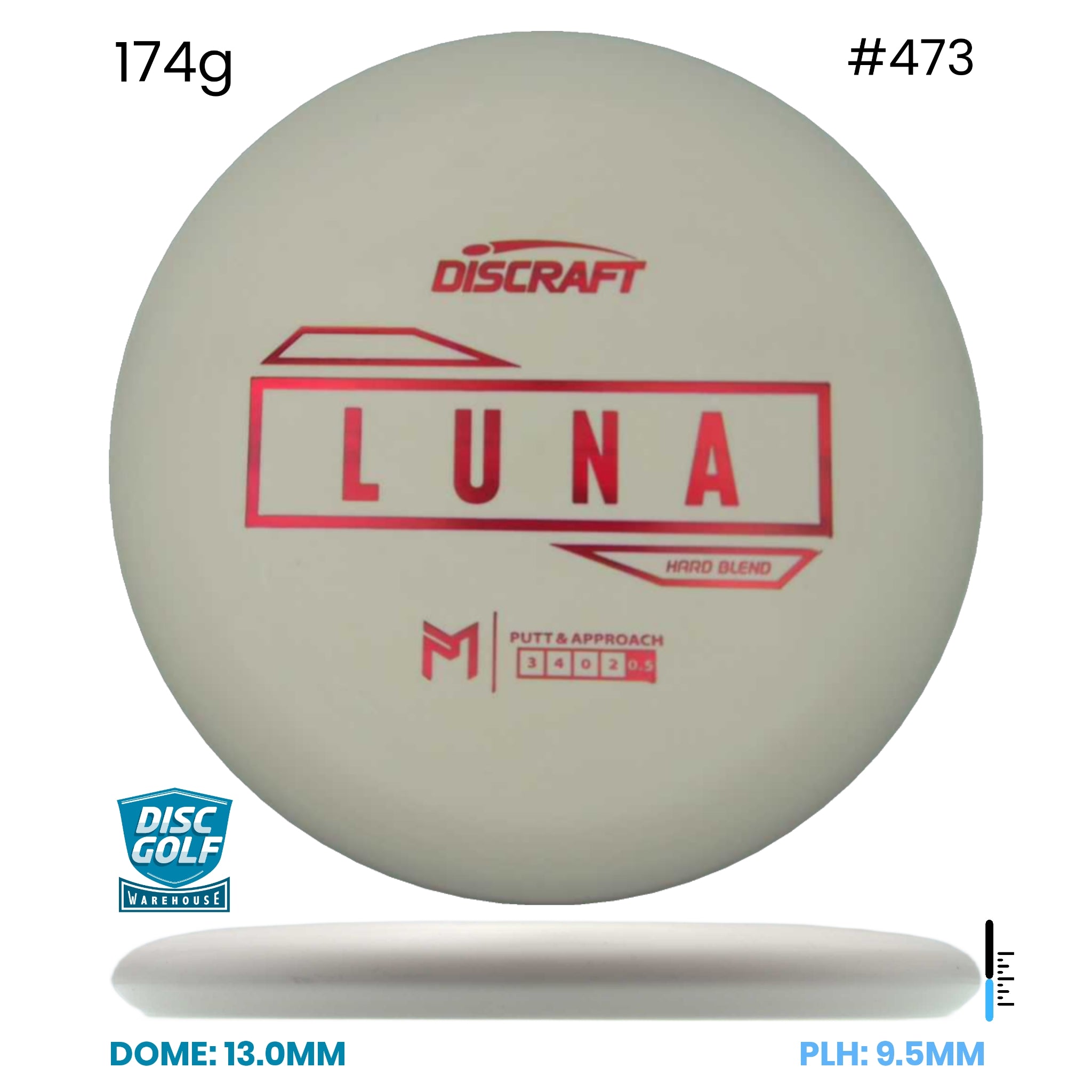 Disc Golf Warehouse Discraft Luna - Putter Line Hard White/Red Metallic 174g