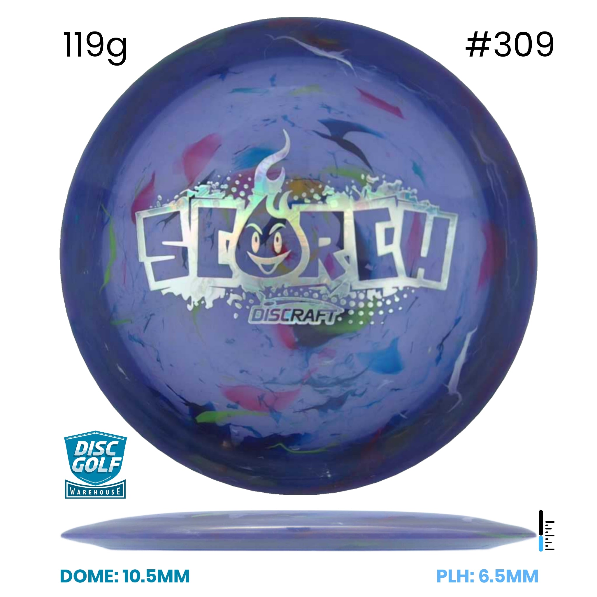 Disc Golf Warehouse Discraft Scorch - Light Weight Jawbreaker Plastic Purple/#309/Silver, Rainbow Holo 119g