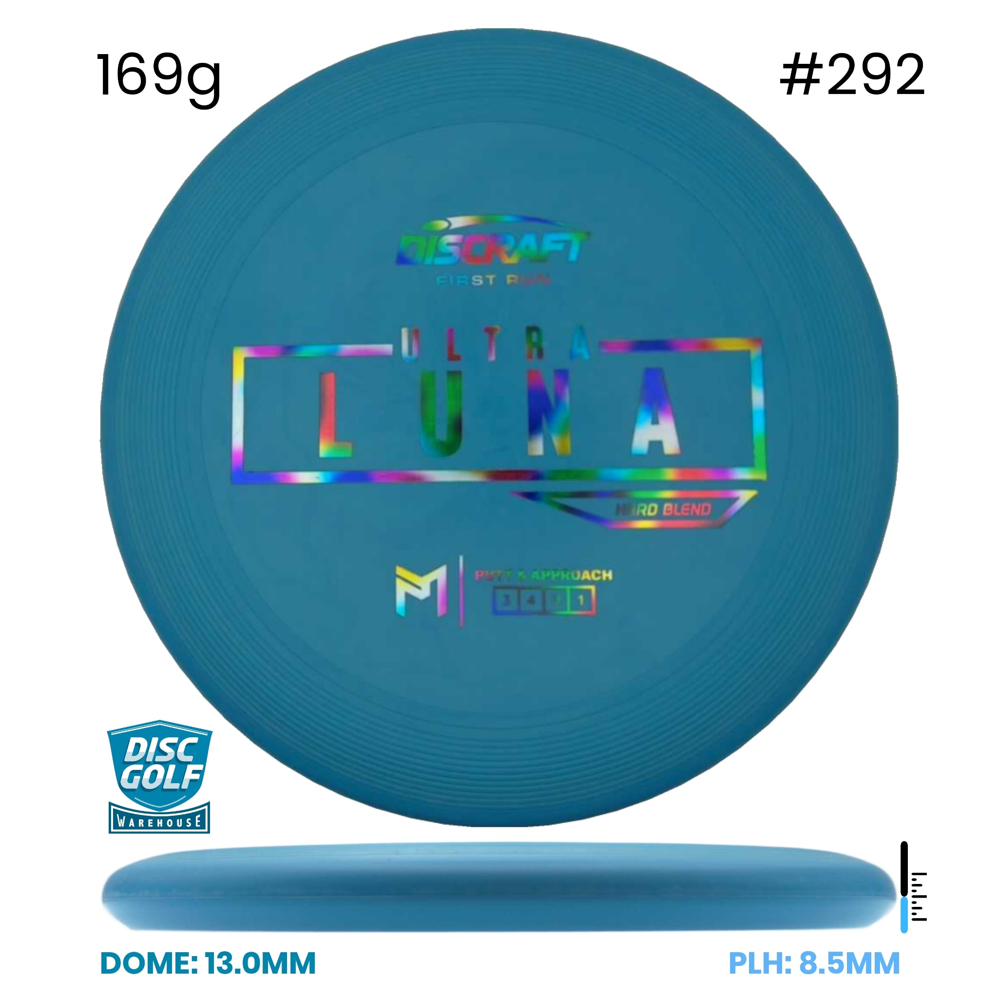 Disc Golf Warehouse Discraft UltraLuna - Putter Line Hard Blue#292/Rainbow Holo 169g