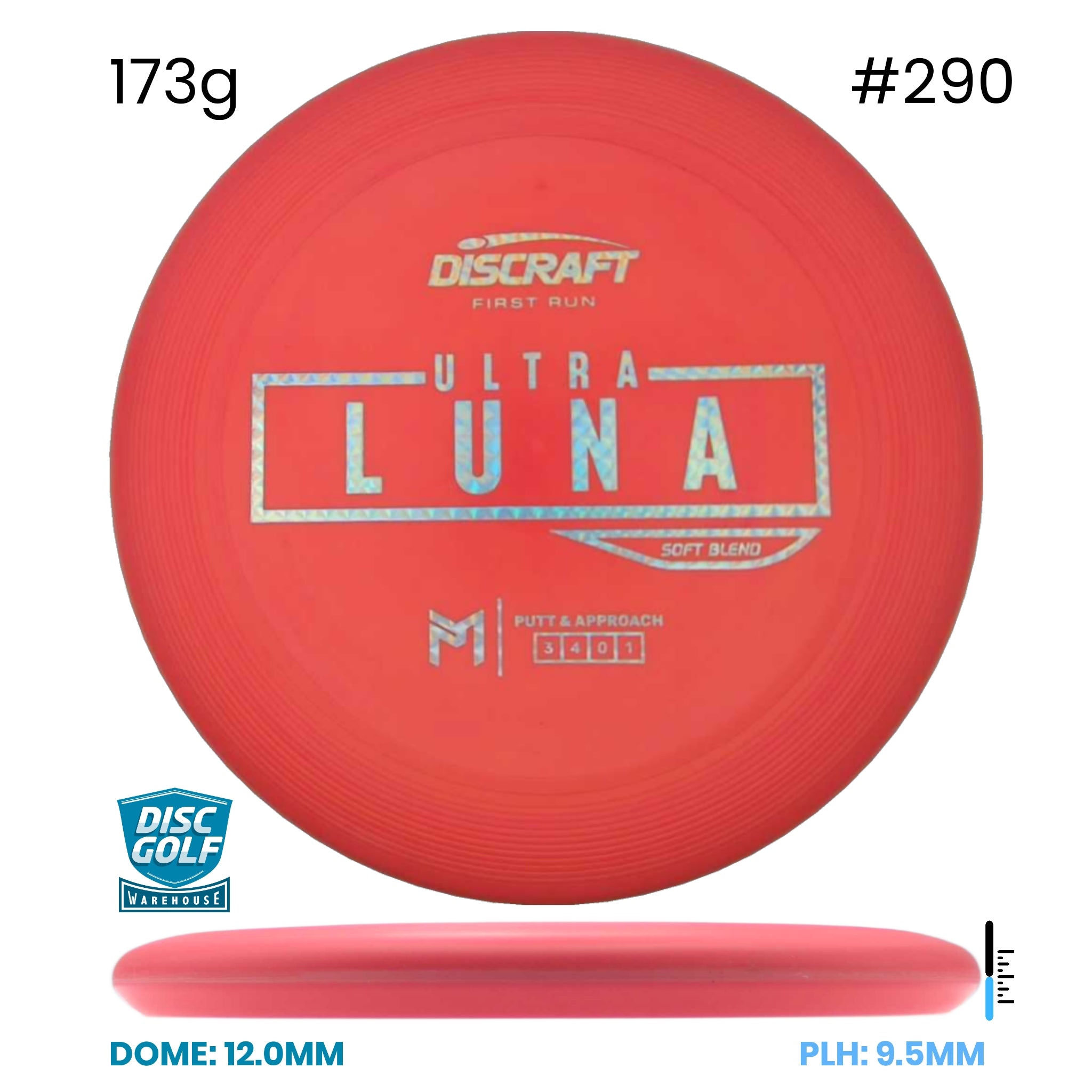 Disc Golf Warehouse Discraft UltraLuna - Putter Line Soft Red#290/Silver 173g