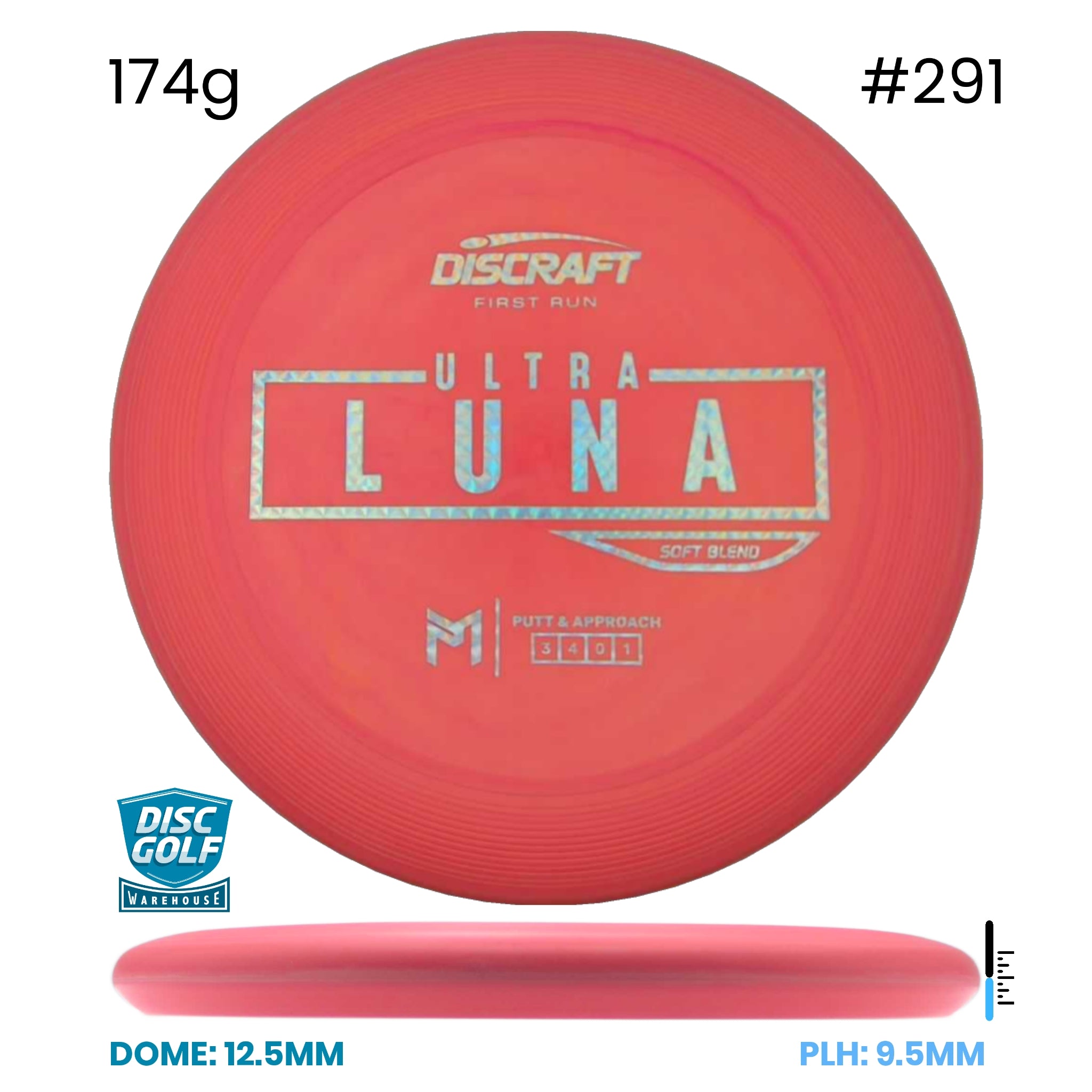 Disc Golf Warehouse Discraft UltraLuna - Putter Line Soft Red#291/Silver, Holographic 174g