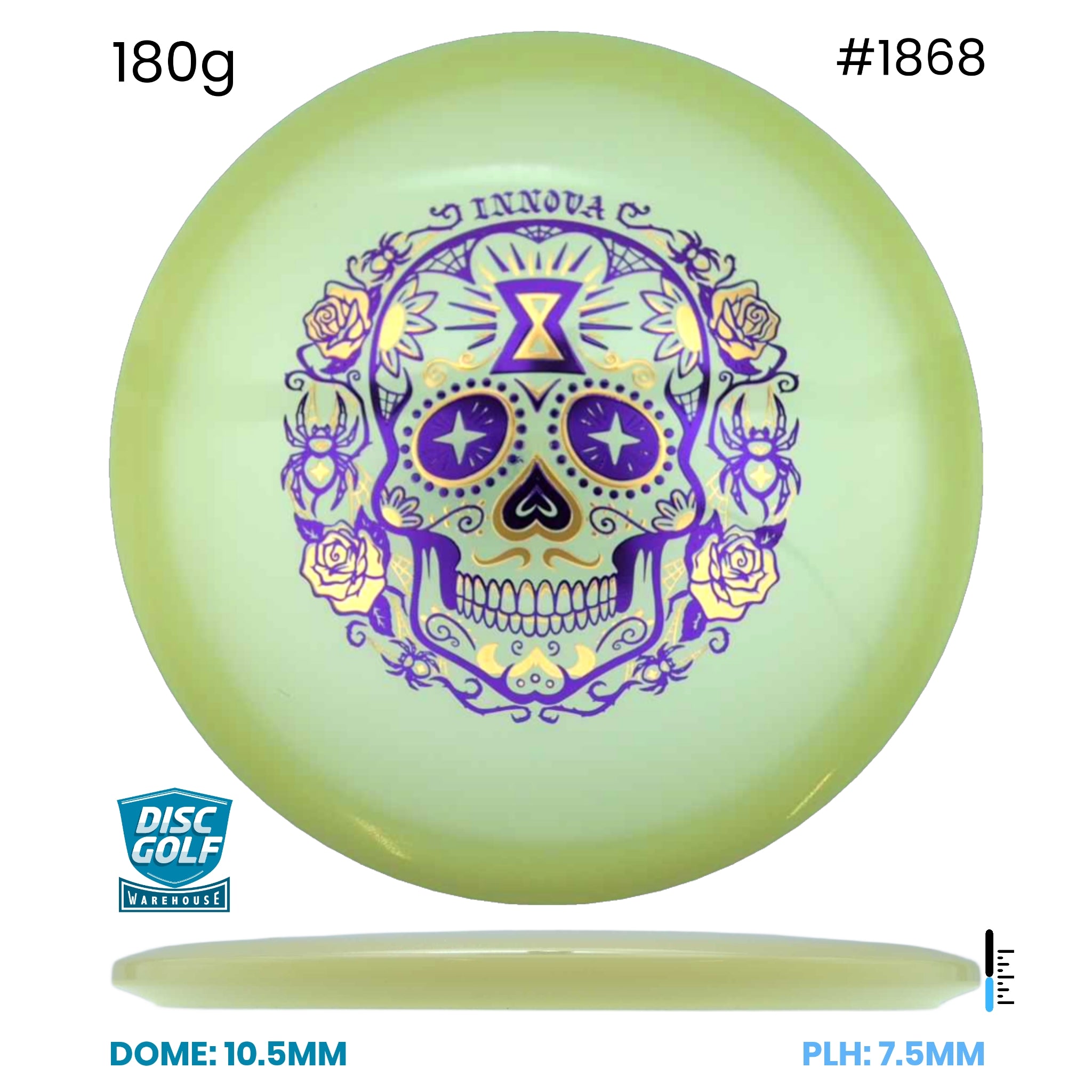 Disc Golf Warehouse Innova Arachnid - Proto Glow Champion Plastic - Halloween Stamp Glow/Purple Metallic, Gold 180g