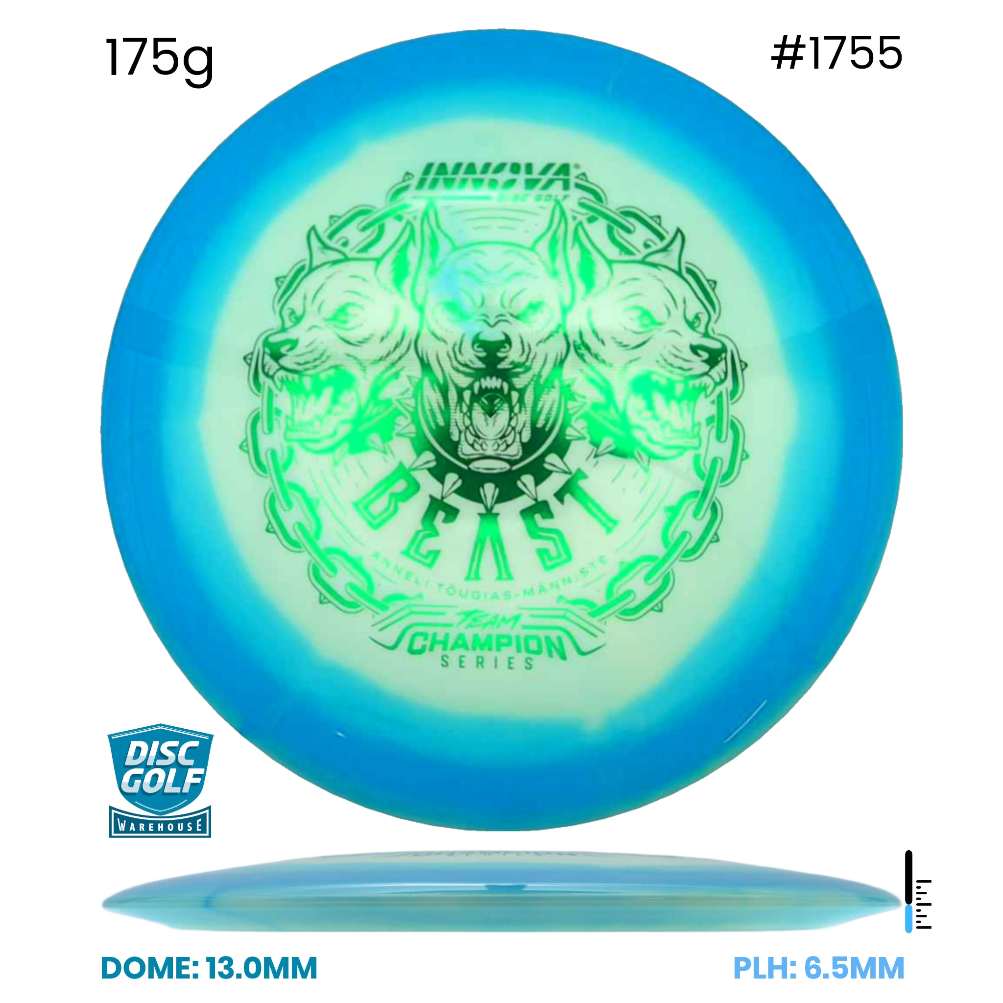 Disc Golf Warehouse Innova Beast - Proto Glow Halo Star Plastic - Anneli Tõugjas-Männiste 2026 tour Series Blue/Green Metallic 175g