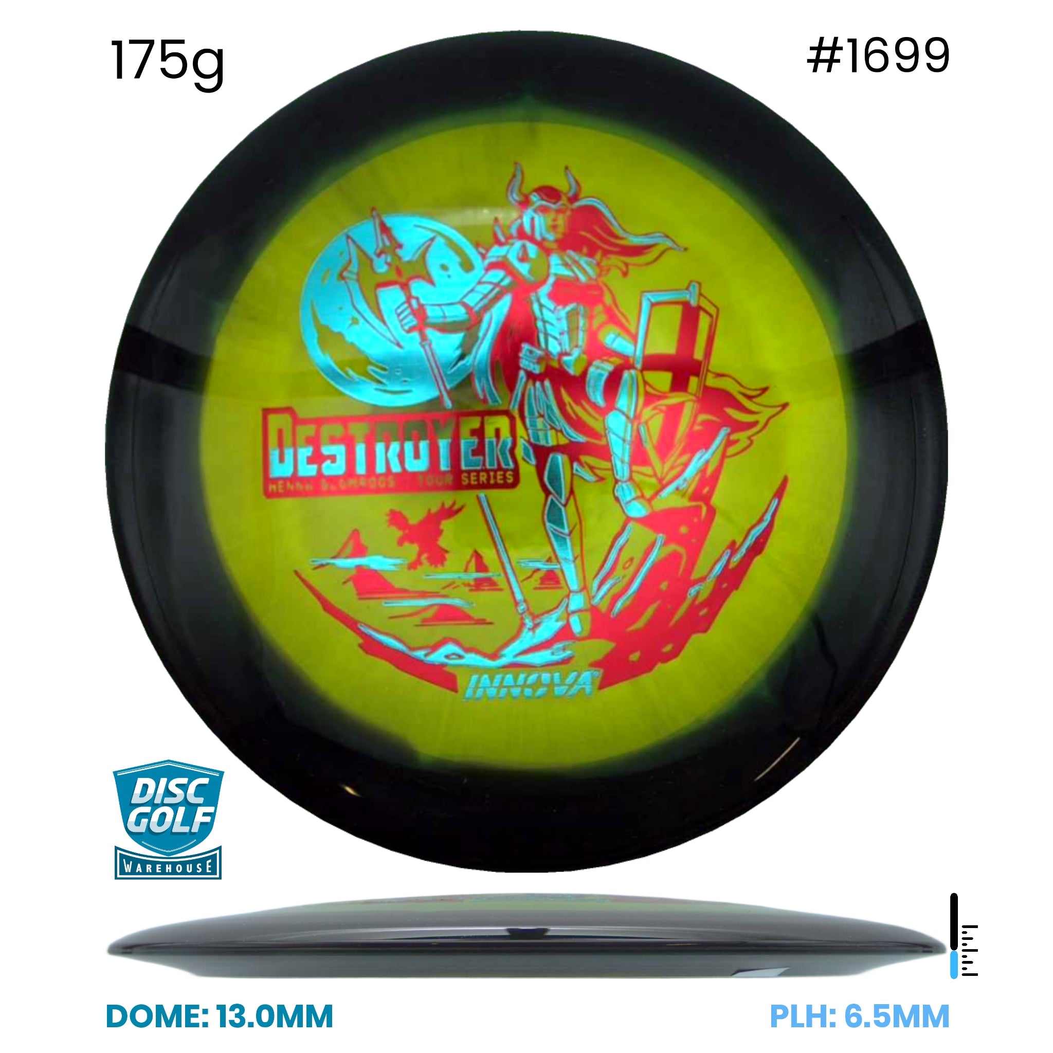 Disc Golf Warehouse Innova Destroyer - Halo Champion Plastic - Henna Blomroos 2026 Tour Series Yellow/Red Metallic, Blue Metallic 175g