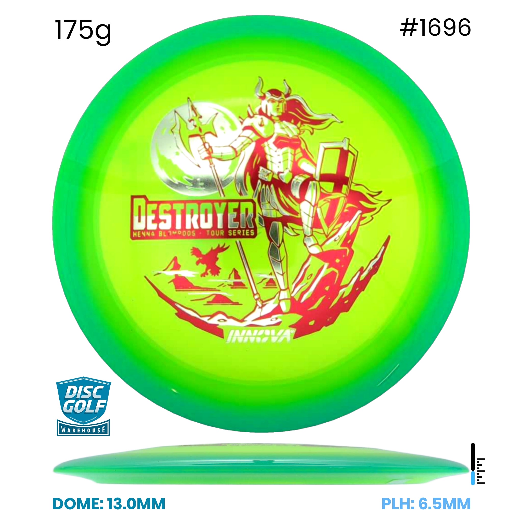 Disc Golf Warehouse Innova Destroyer - Halo Champion Plastic - Henna Blomroos 2026 Tour Series Yellow/Red Metallic, Silver 175g