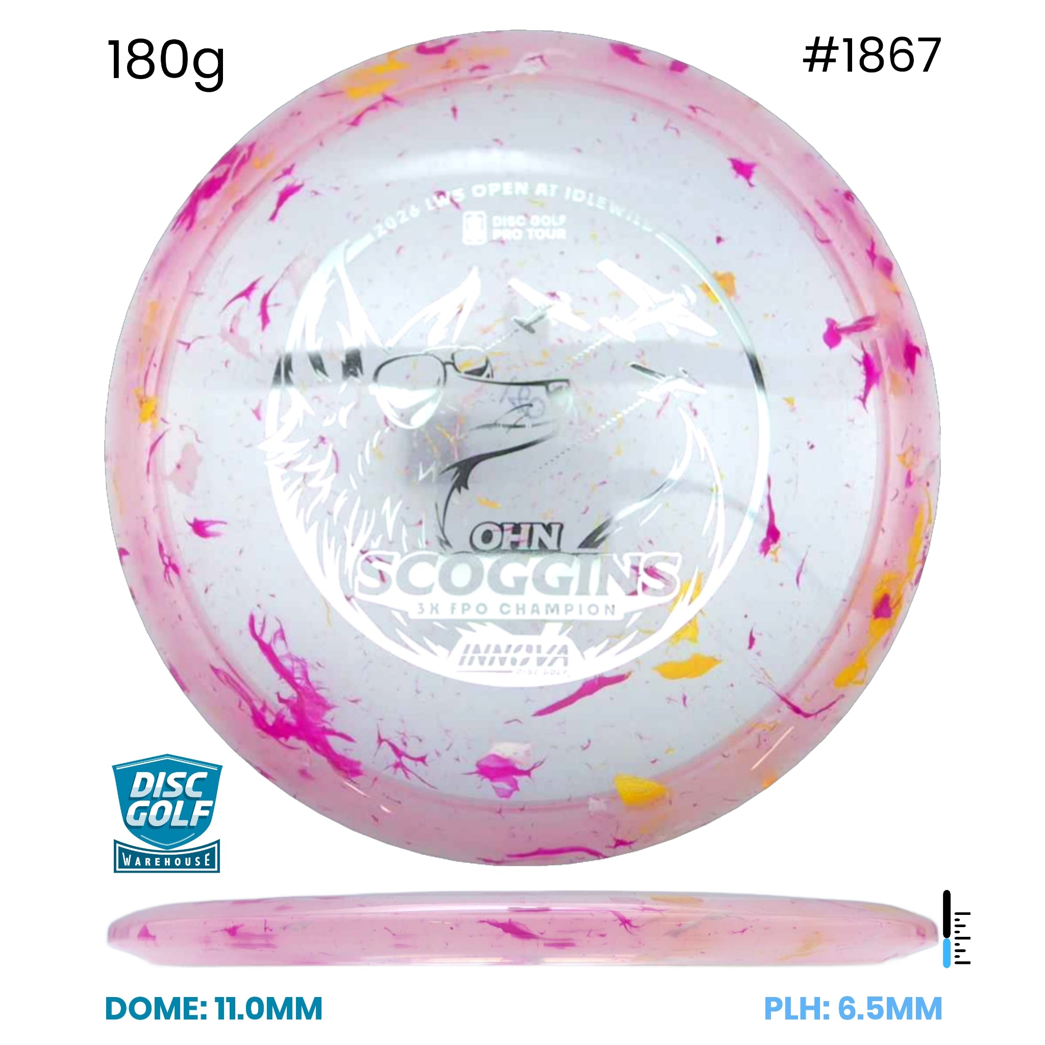Disc Golf Warehouse Innova Fox - Party Time Plastic - Ohn Scoggins Commemorative Edition Pink/Silver 180g