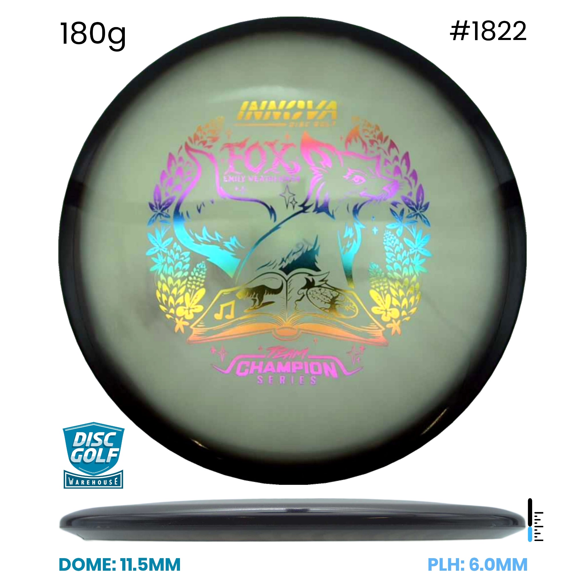 Disc Golf Warehouse Innova Fox - Proto Glow Halo Champion Plastic - Emily Weatherman 2026 Tour Series Gray/Rainbow Holo 180g