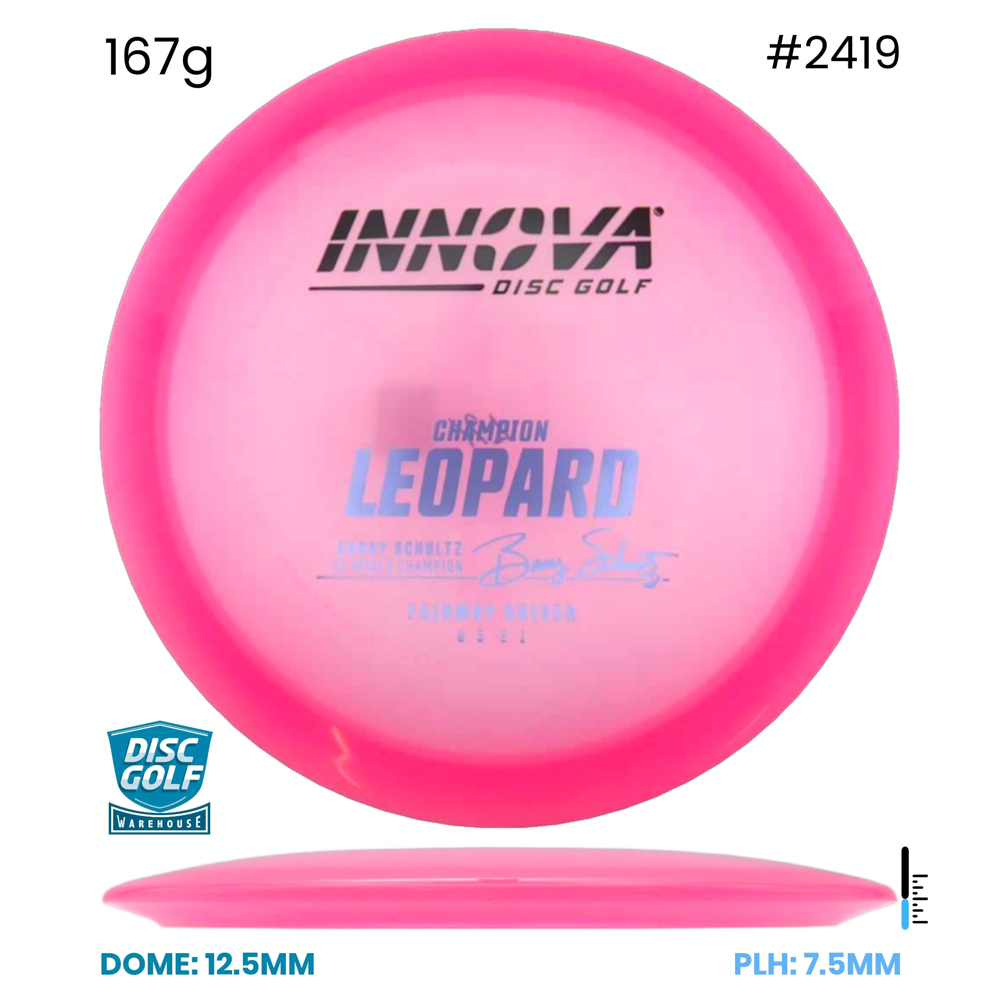 Disc Golf Warehouse Innova Leopard - Champion Plastic - Barry Schultz Signiture Pink/Black, Blue Metallic 167g