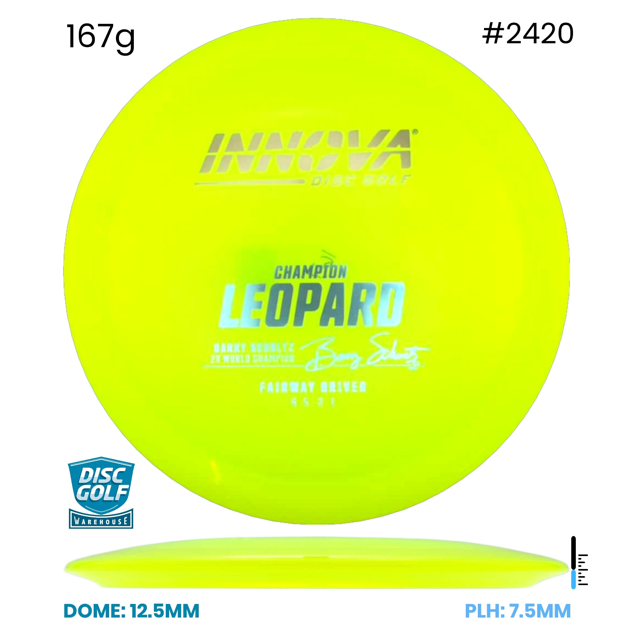 Disc Golf Warehouse Innova Leopard - Champion Plastic - Barry Schultz Signiture Yellow/Silver 167g
