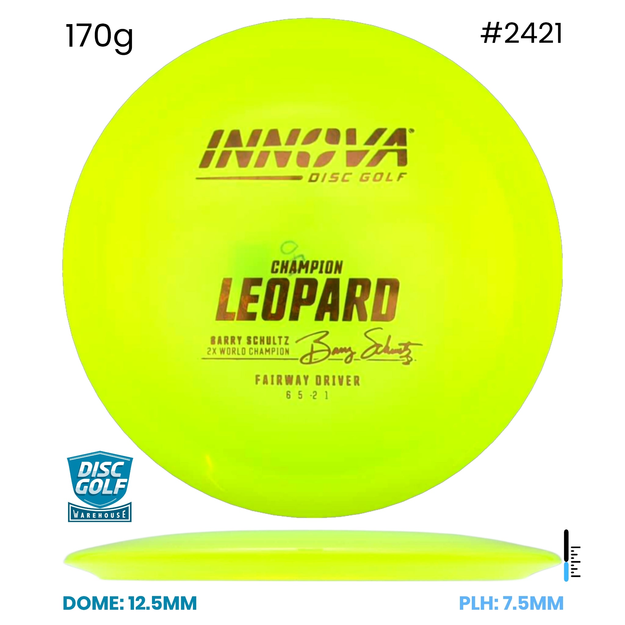 Disc Golf Warehouse Innova Leopard - Champion Plastic - Barry Schultz Signiture Yellow/Silver 170g