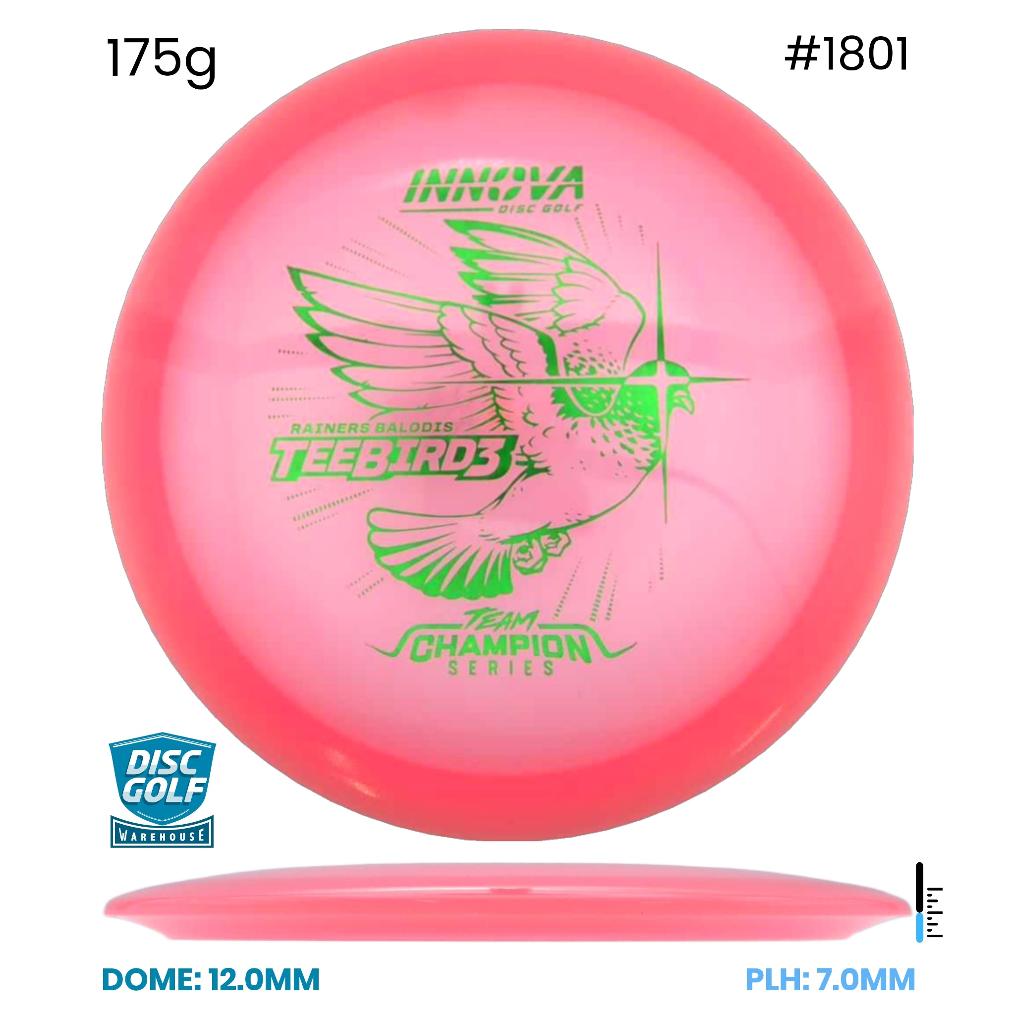 Disc Golf Warehouse Innova Teebird3 - Champion Proto Glow Plastic - Rainers Balodis 2026 Tour Series Pink Glow/Green 175g