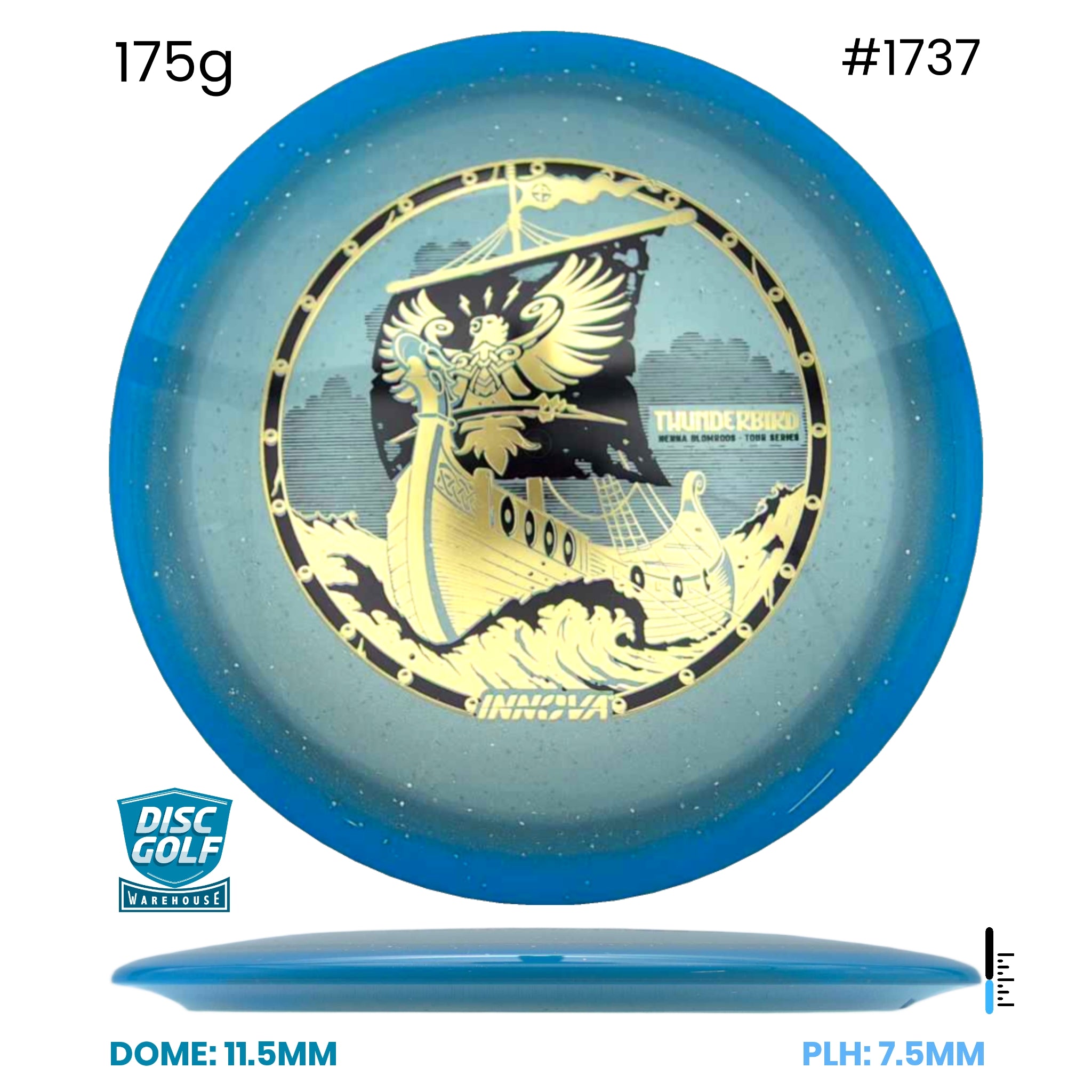 Disc Golf Warehouse Innova Thunderbird - Halo Champion Moondust Plastic - Henna Blomroos 2026 Tour Series Blue/Gold, Black 175g