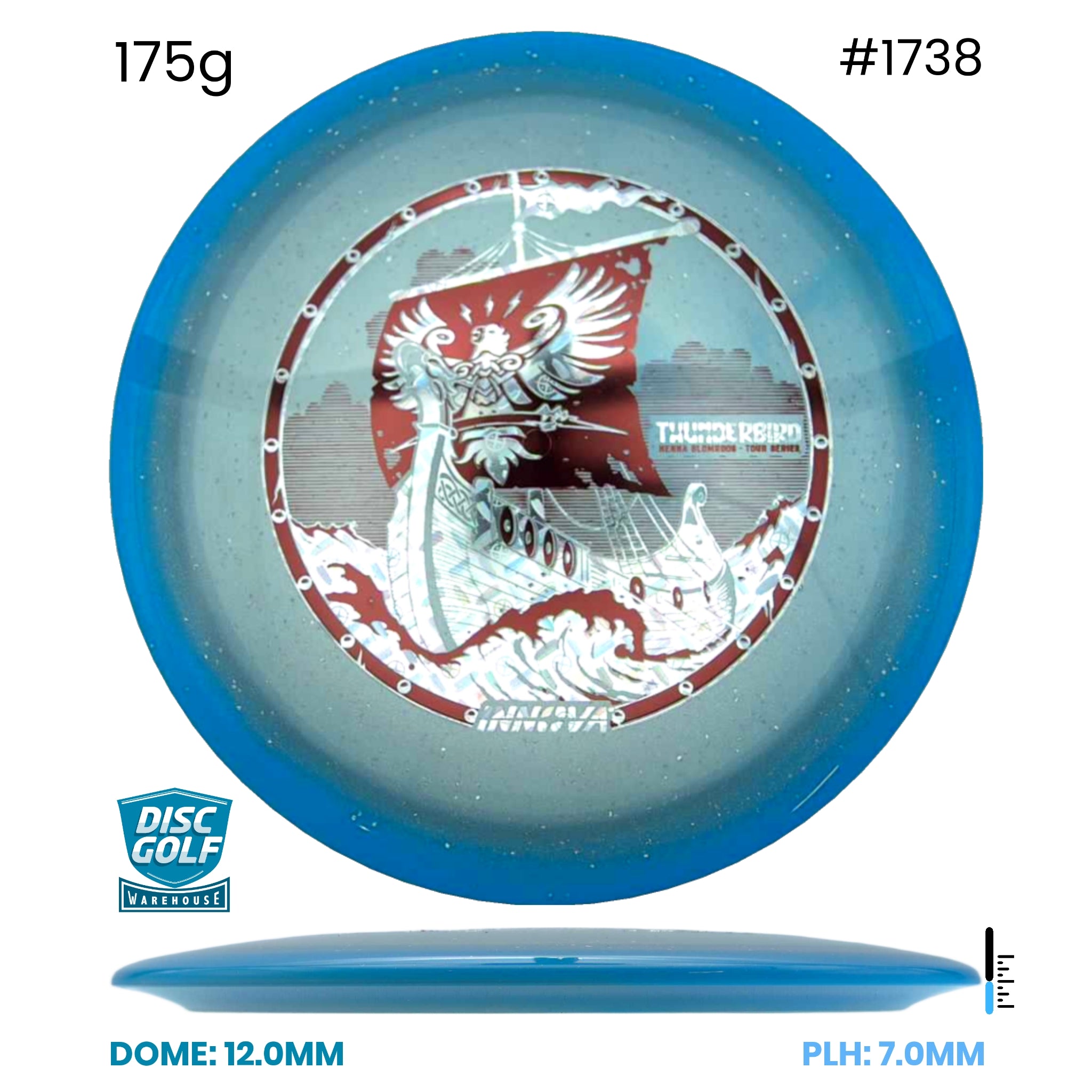 Disc Golf Warehouse Innova Thunderbird - Halo Champion Moondust Plastic - Henna Blomroos 2026 Tour Series Blue/Red Metallic, Silver 175g