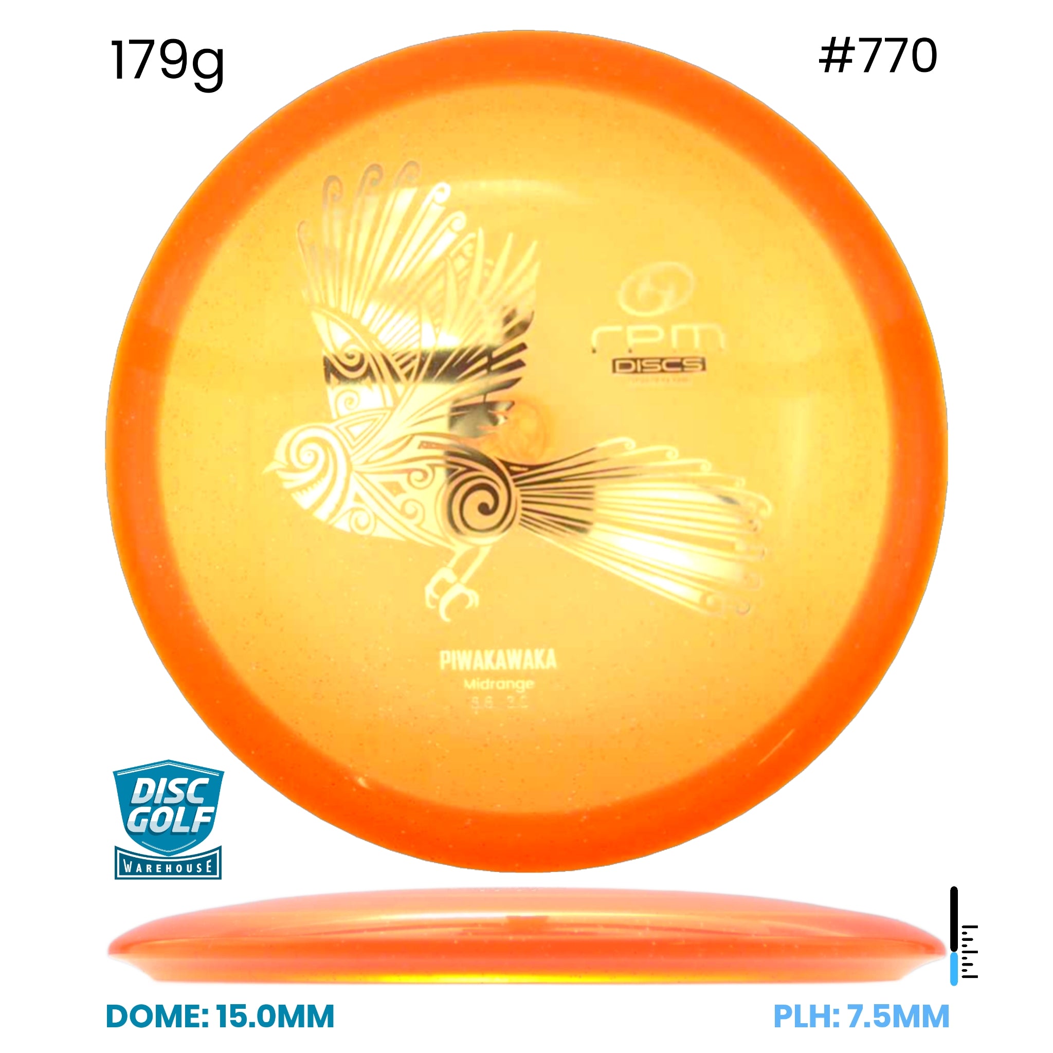 Disc Golf Warehouse RPM Piwakawaka - Cosmic Plastic Orange/Gold 179g