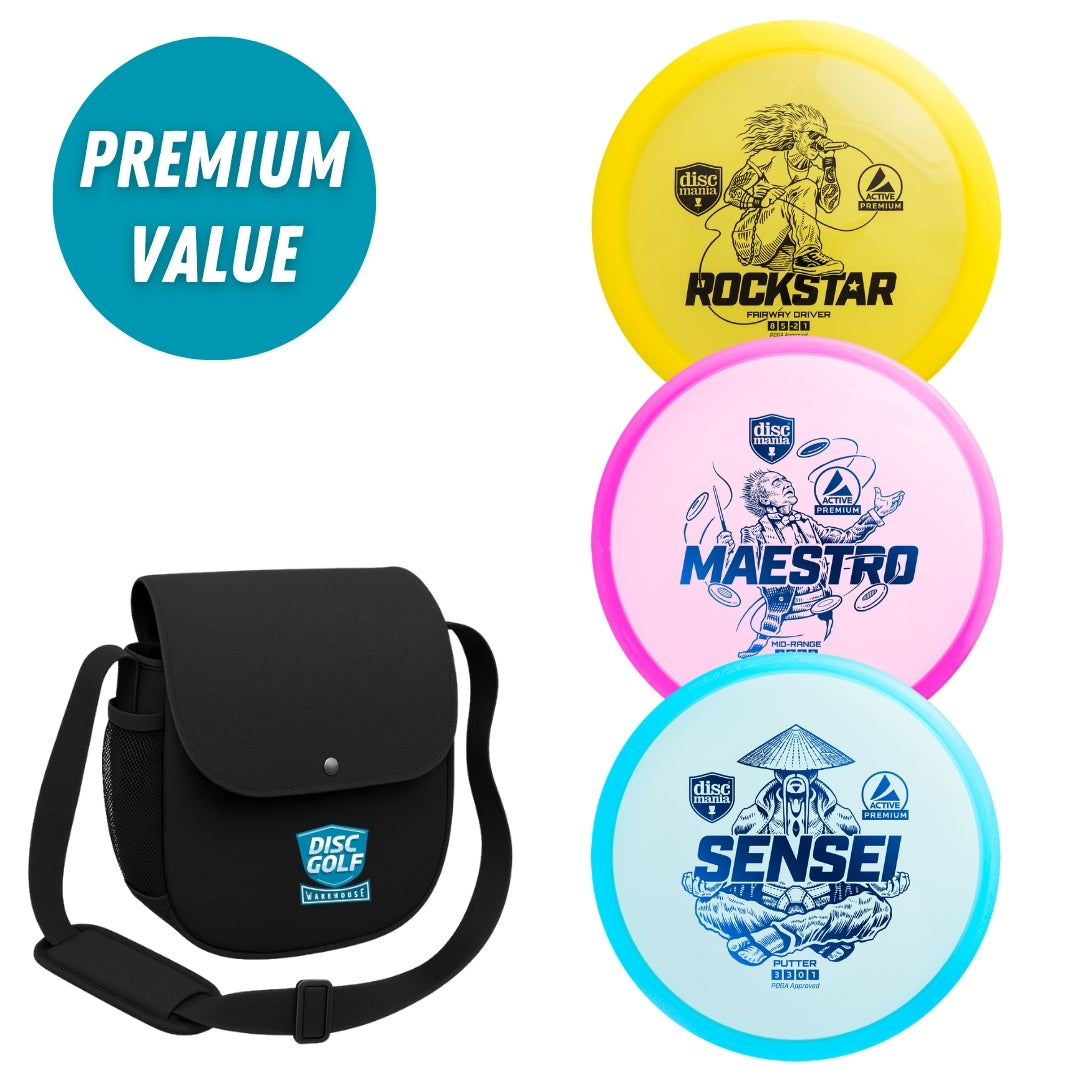 Discmania Active Premium 3 Disc Starter Set with DGW Starter Bag, Black, Rockstar, Maestro and Sensei discs