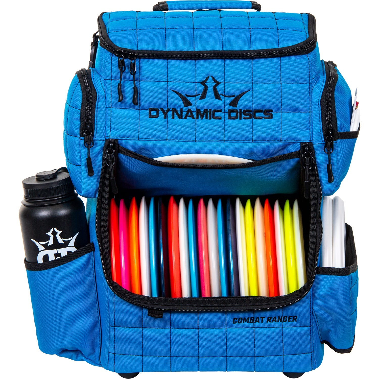Dynamic Discs Combat Ranger Bag in Cobalt Blue, front view with discs
