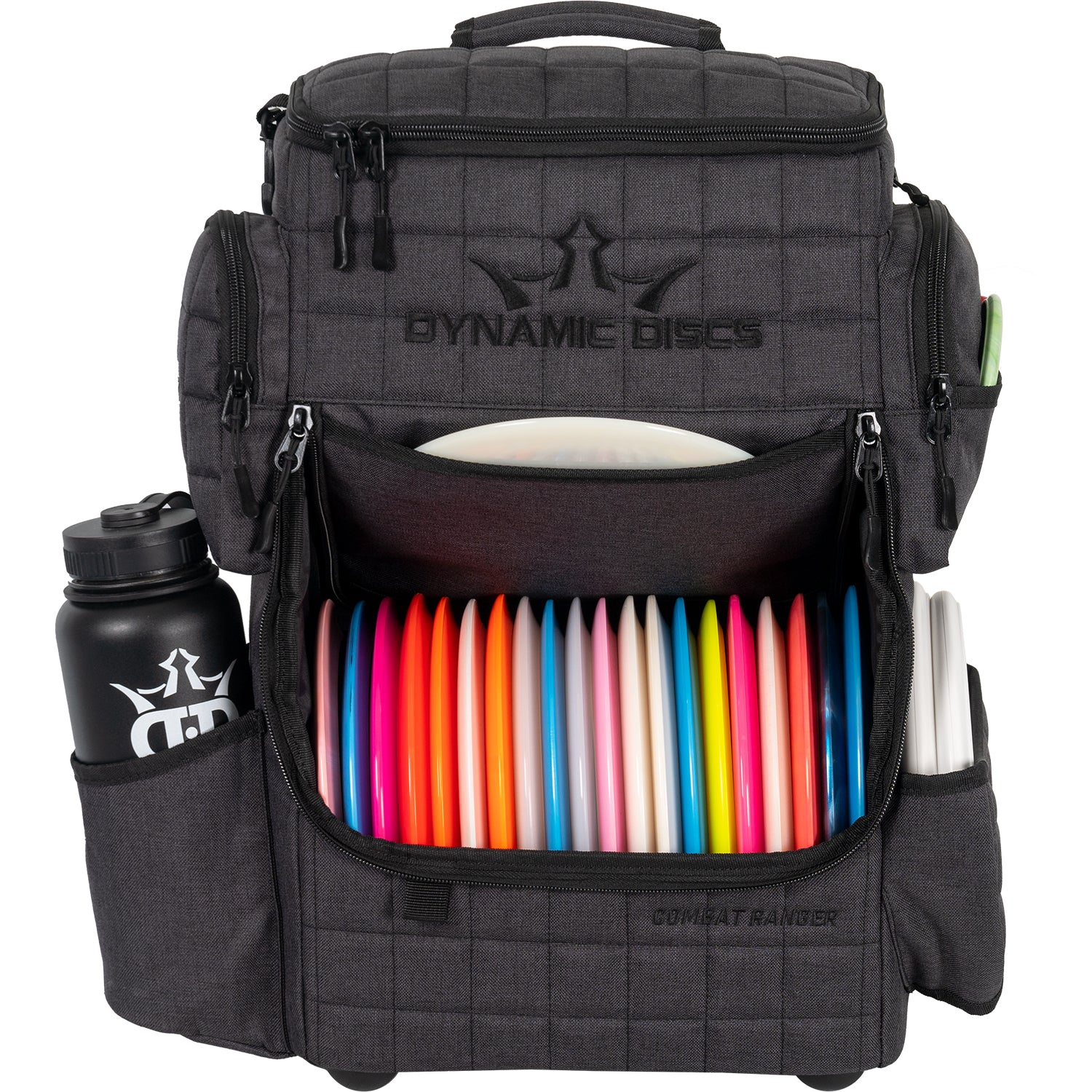Dynamic Discs Combat Ranger Bag in Heather Charcoal, front view with discs