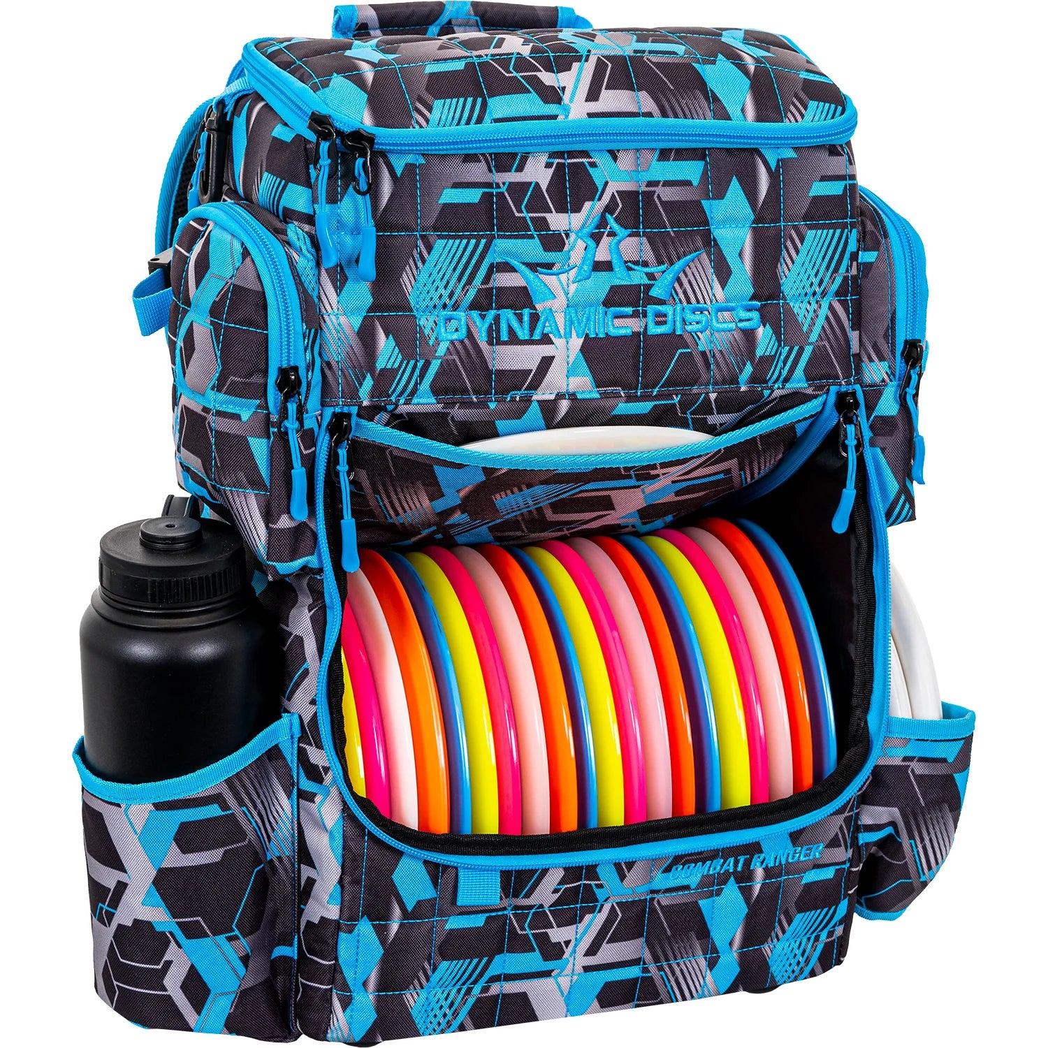 Dynamic Discs Combat Ranger Bag in Hex, front view with discs and water bottle