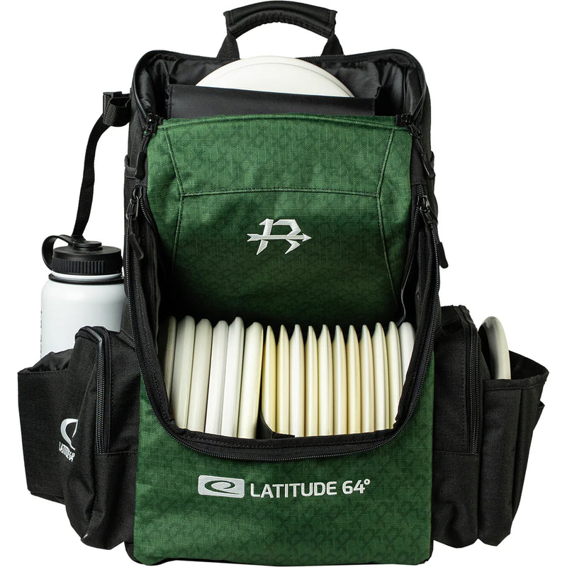 Player wearing the Latitude 64 Core Pro E3 Isaac Robinson signature backpack on the course