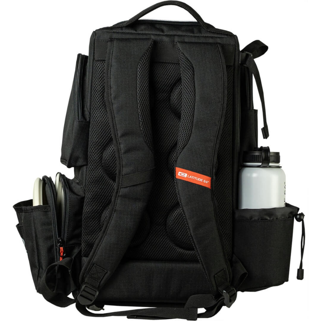 Latitude 64 DG Luxury E5 backpack in Black/Black, back view showing straps and water bottle