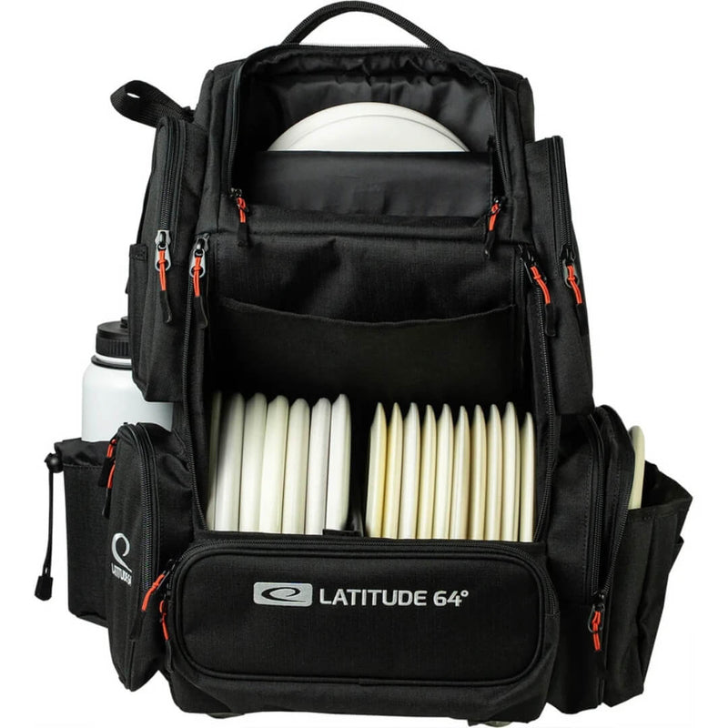 Latitude 64 DG Luxury E5 backpack in Black/Black, open and loaded with discs