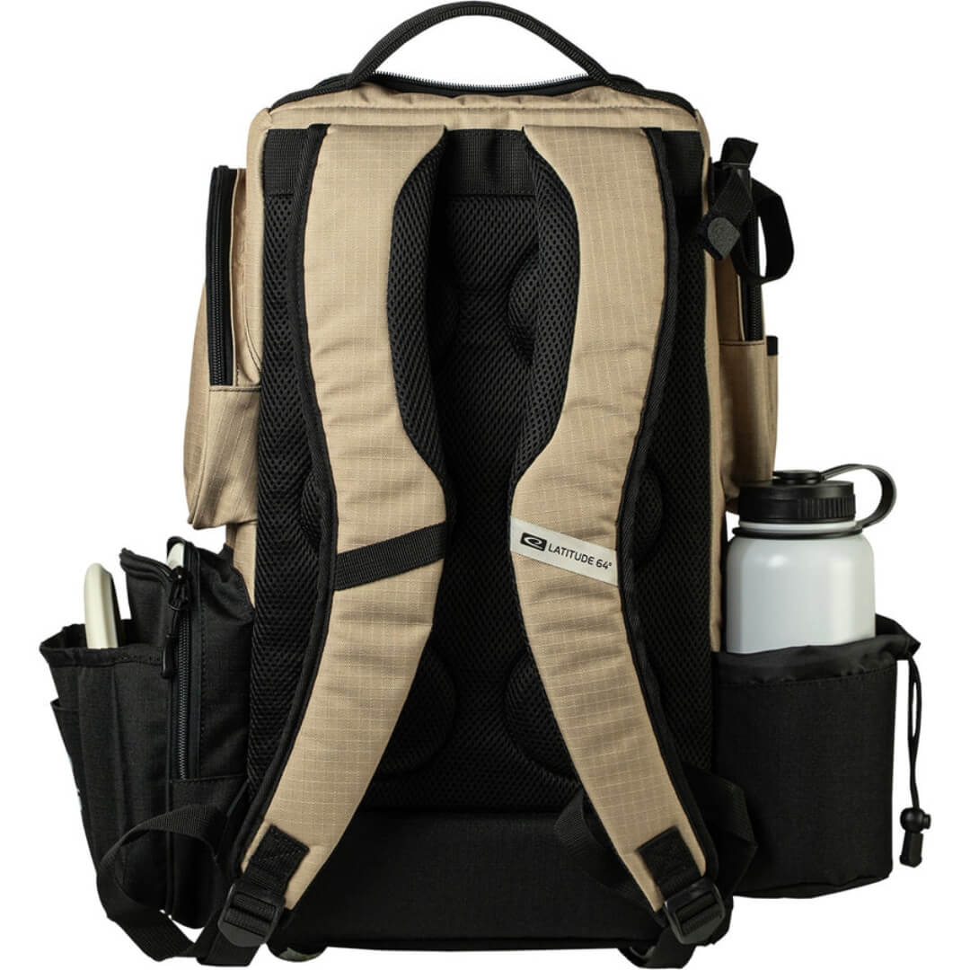 Latitude 64 DG Luxury E5 backpack in Sand/Black, back view showing straps