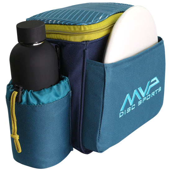MVP Cell disc golf bag in Sand and Ocean Blue, left side view with disc and bottle