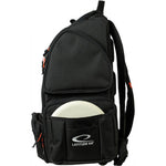 Latitude 64 DG Luxury E5 backpack in Black/Black, side view with disc in pocket