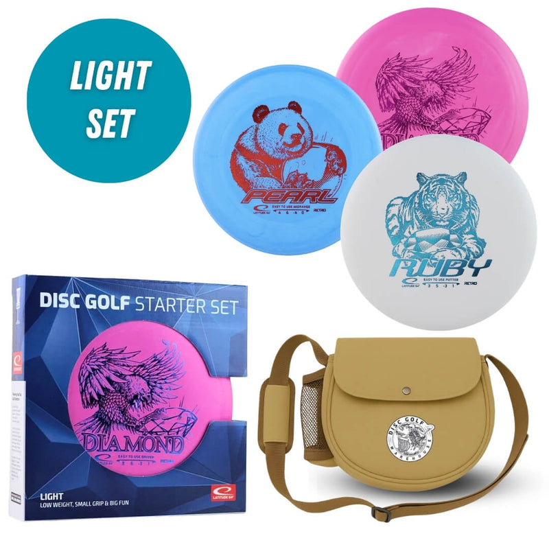 Latitude 64 Zero Gravity 3 Disc Ultra Light Starter Set with box and DGW Starter Bag, Sandstone — Pure, Fuse and Explorer discs